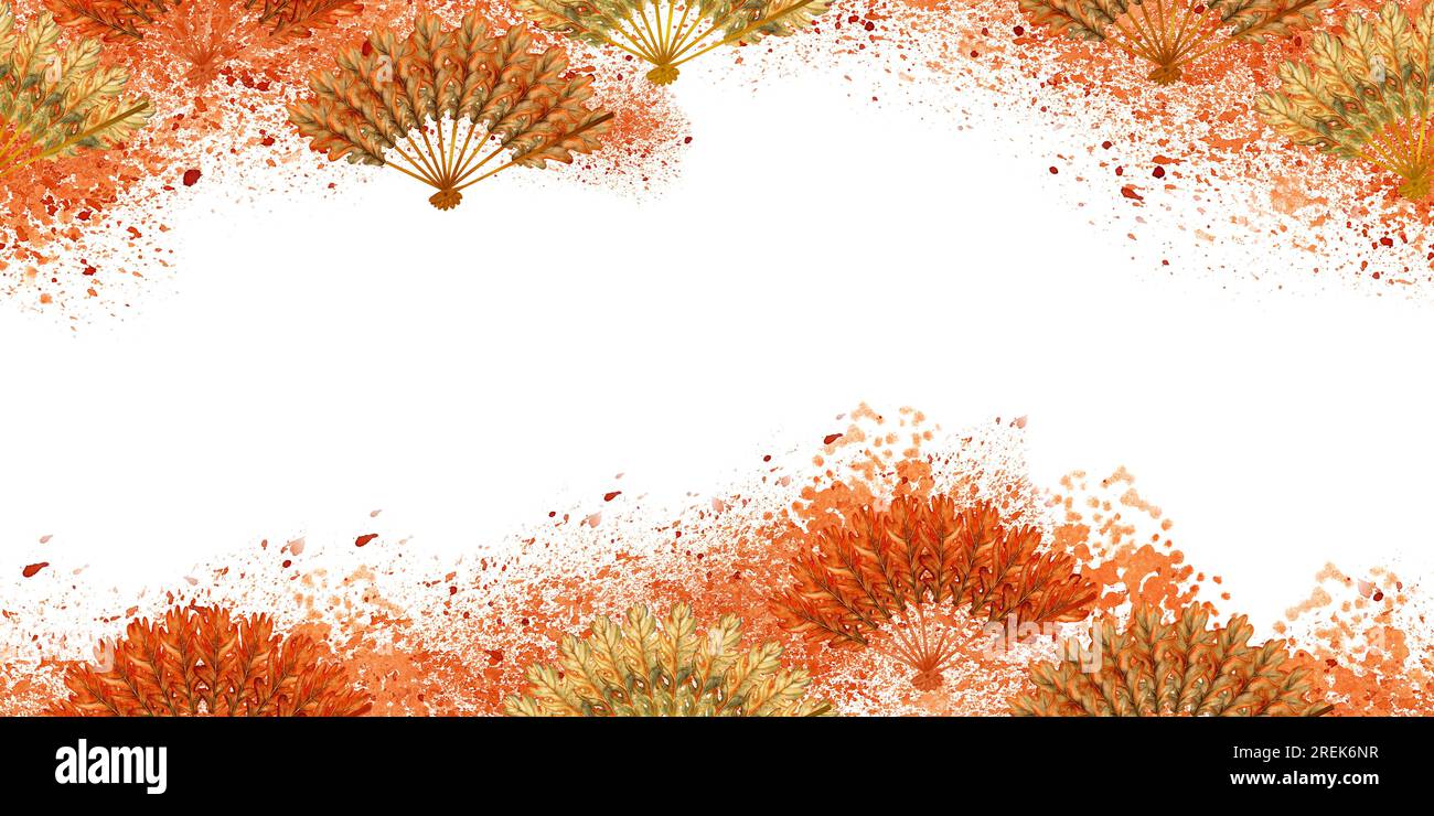 Aquarellbanner mit Herbstrot und orangefarbenem Ahornblatt für Tage der Bewunderung japanischer Ahornbäume, Ernte-Party-Design, halloween, Thanksgiving, Geburtstag, Stockfoto