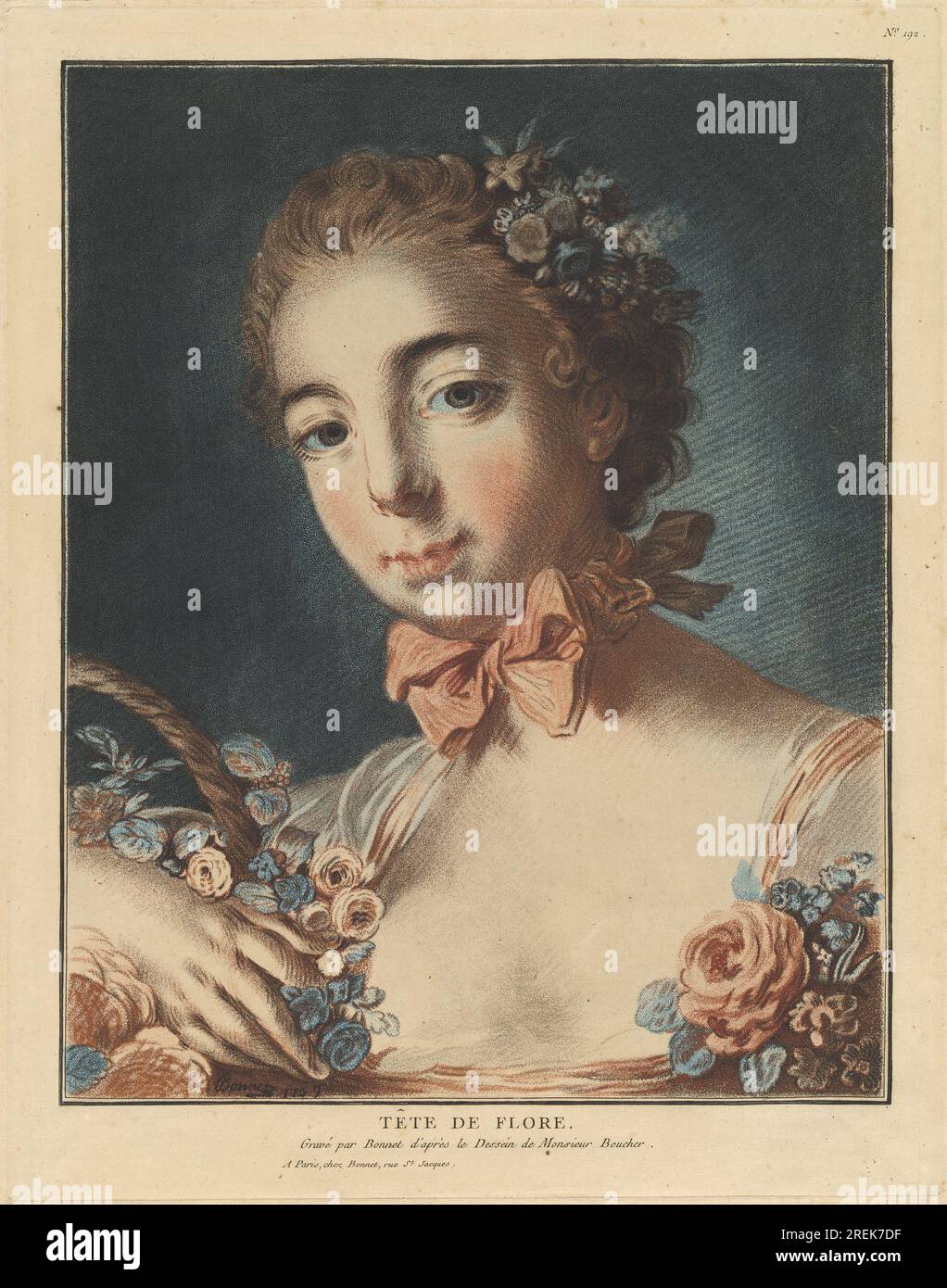 "Louis-Marin Bonnet nach Francois Boucher, Tête de Flore, 1769, in Blau, Schwarz und Rot graviert, Blatt: 57 x 40,7 cm (22 7/16 x 16 Zoll) Platte: 47,5 x 37,5 cm (18 11/16 x 14 3/4 Zoll) Insgesamt (zweite Bildlinie): 41,7 x 33,5 cm (16 7/16 x 13 3/16 Zoll), Widener Collection, 1942,9.2145' Stockfoto