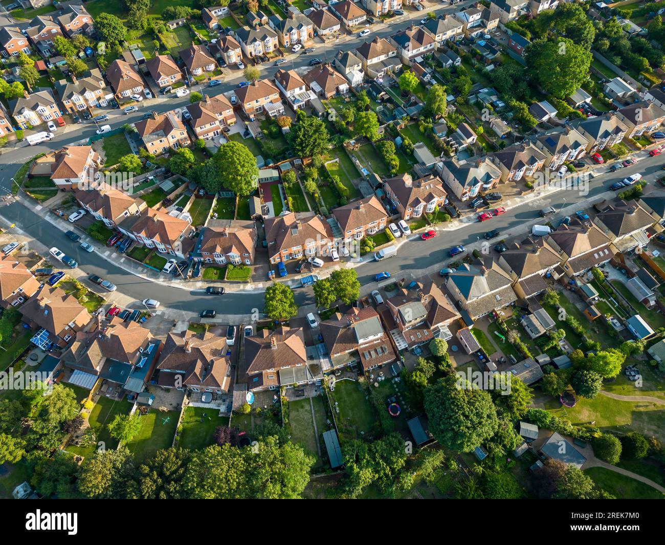 Ein Blick aus der Vogelperspektive auf ein Wohngebiet von Ipswich, Suffolk, Großbritannien Stockfoto