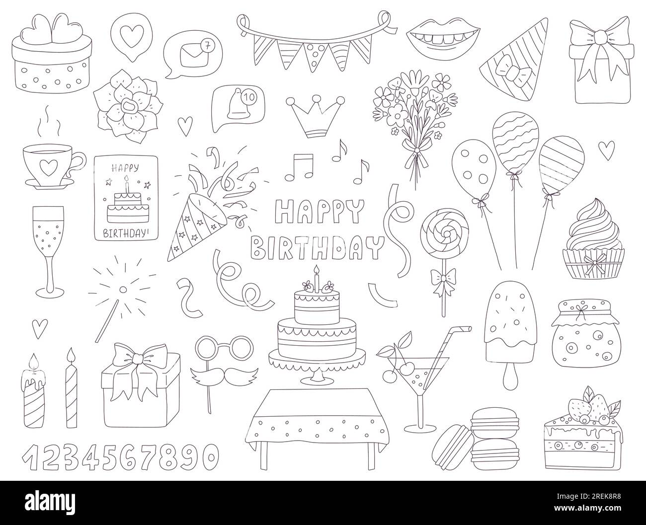 Ein Set handgezeichneter Doodle-Elemente für Geburtstag, Party, Feier. Dekorative Objekte umreißen. Schwarzweiß-Vektorabbildungen isoliert auf einem W. Stock Vektor