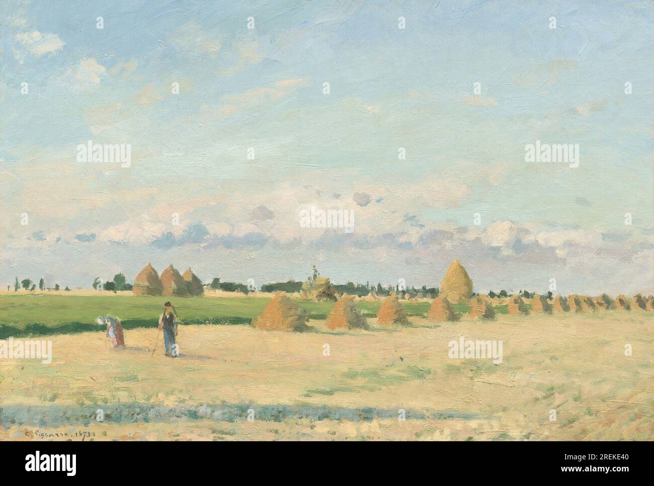 Titel: Landschaft, Ile-de-France Schöpfer: Camille Pissarro Datum: 1873 Inhalt: Ein Fluss, der durch ein ländliches Gebiet fließt, mit einem Dorf in der Ferne. Abmessungen: 36,83 x 53,34 cm (14 1/2 x 21 Zoll) Medium: Öl auf Leinwand Ort: National Gallery of Art, Washington, D.C. Stockfoto