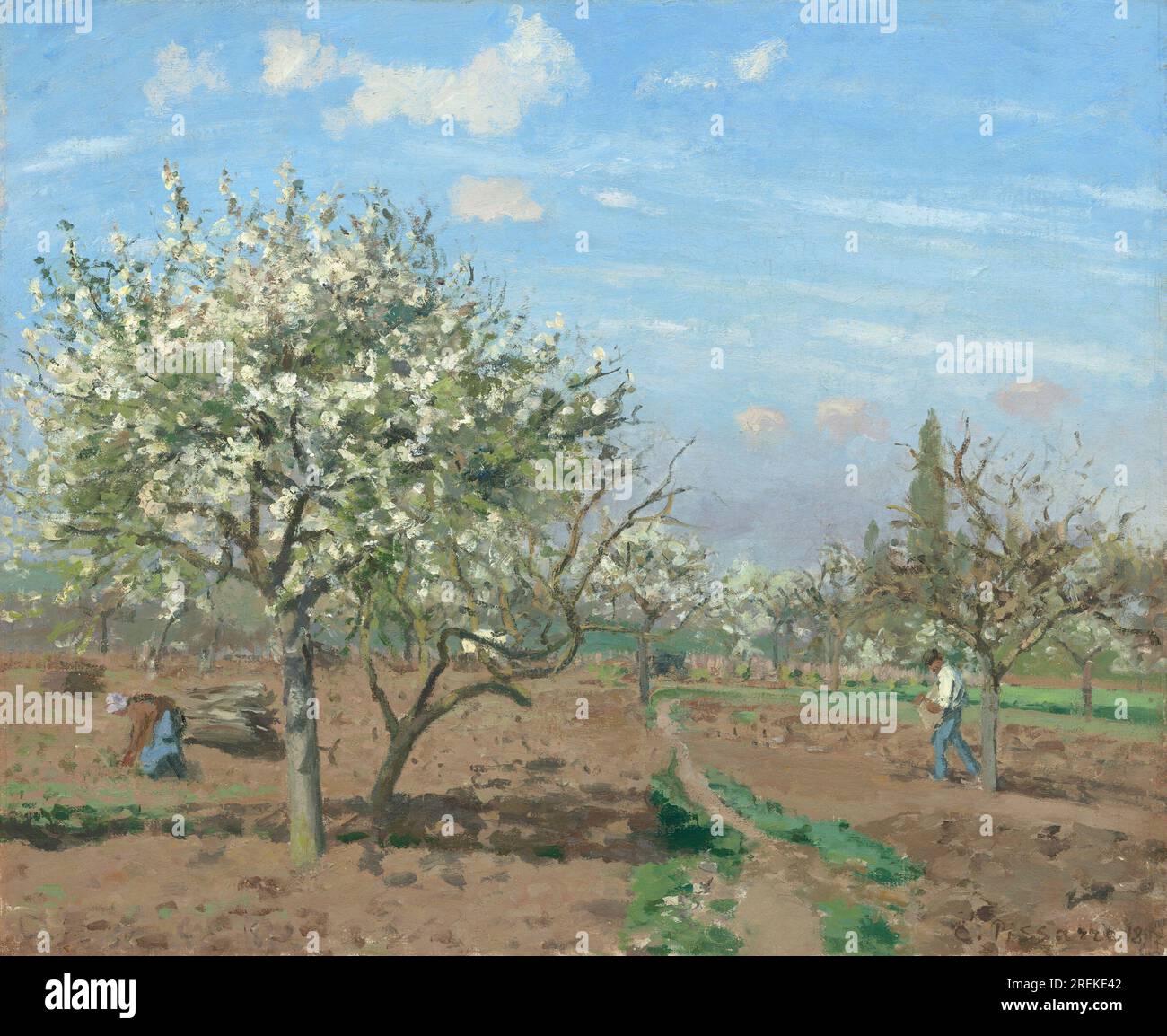 Titel: Obstgarten in Bloom, Louveciennes Schöpfer: Camille Pissarro Datum: 1872 Inhalt: Ein blühender Obstgarten mit Bergen in der Ferne. Abmessungen: 45,1 x 54,9 cm (17 3/4 x 21 5/8 Zoll) Medium: Öl auf Leinwand Ort: National Gallery of Art, Washington, D.C. Stockfoto