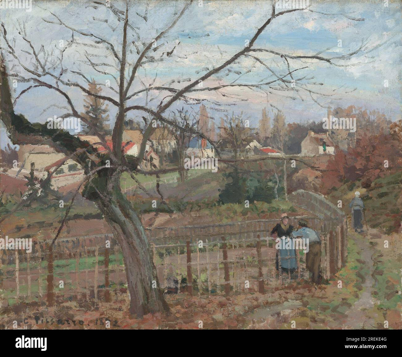 Titel: The Fence Creator: Camille Pissarro Content: Eine Weidelandschaft mit einem Zaun, der den Vordergrund vom Hintergrund trennt. Abmessungen: 37,8 x 45,7 cm (14 7/8 x 18 Zoll) Medium: Öl auf Leinwand Ort: National Gallery of Art, Washington, D.C. Stockfoto