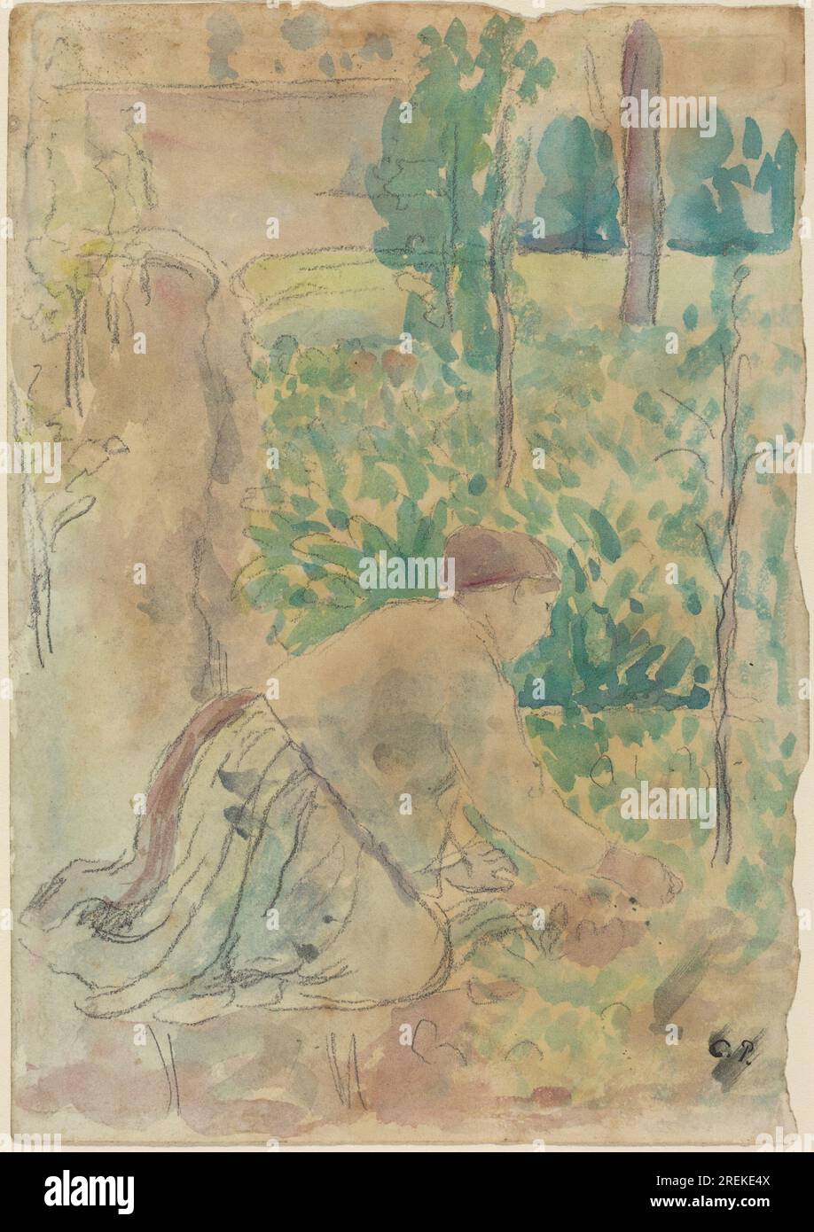 Titel: Frau, die in einem Garten arbeitet: Camille Pissarro Content: Ein Porträt einer Frau, die in einem Garten arbeitet. Die Frau trägt ein einfaches Kleid und jätet ein Blumenbeet. Der Hintergrund des Gemäldes ist ein Garten mit einer Vielzahl von Blumen. Maße: 25,2 x 17,4 cm Medium: Aquarell über schwarzer Kreide Lage: National Gallery of Art, Washington, D.C. Stockfoto
