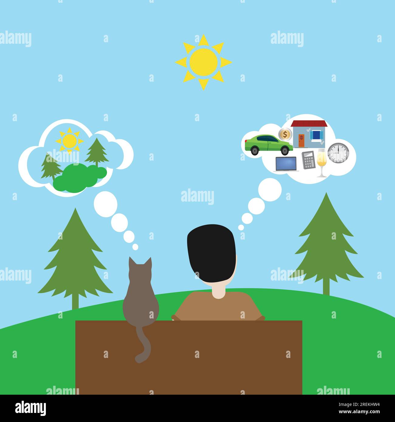 Konzept „Achtsamkeit versus Achtsamkeit“: Mensch und Katze sitzen auf einer Bank vor einer Landschaft Stock Vektor