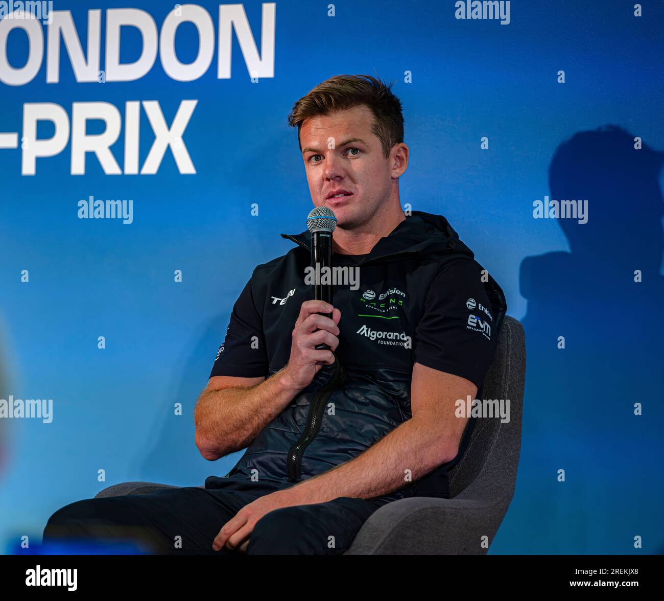 LONDON, VEREINIGTES KÖNIGREICH. 28. Juli 2023. Nick Cassidy auf der Driver's Press Conference während des ABB FIA Formel E 2023 Hankook London E-Prix bei der Excel am Freitag, den 28. Juli 2023 in LONDON, ENGLAND. Kredit: Taka G Wu/Alamy Live News Stockfoto