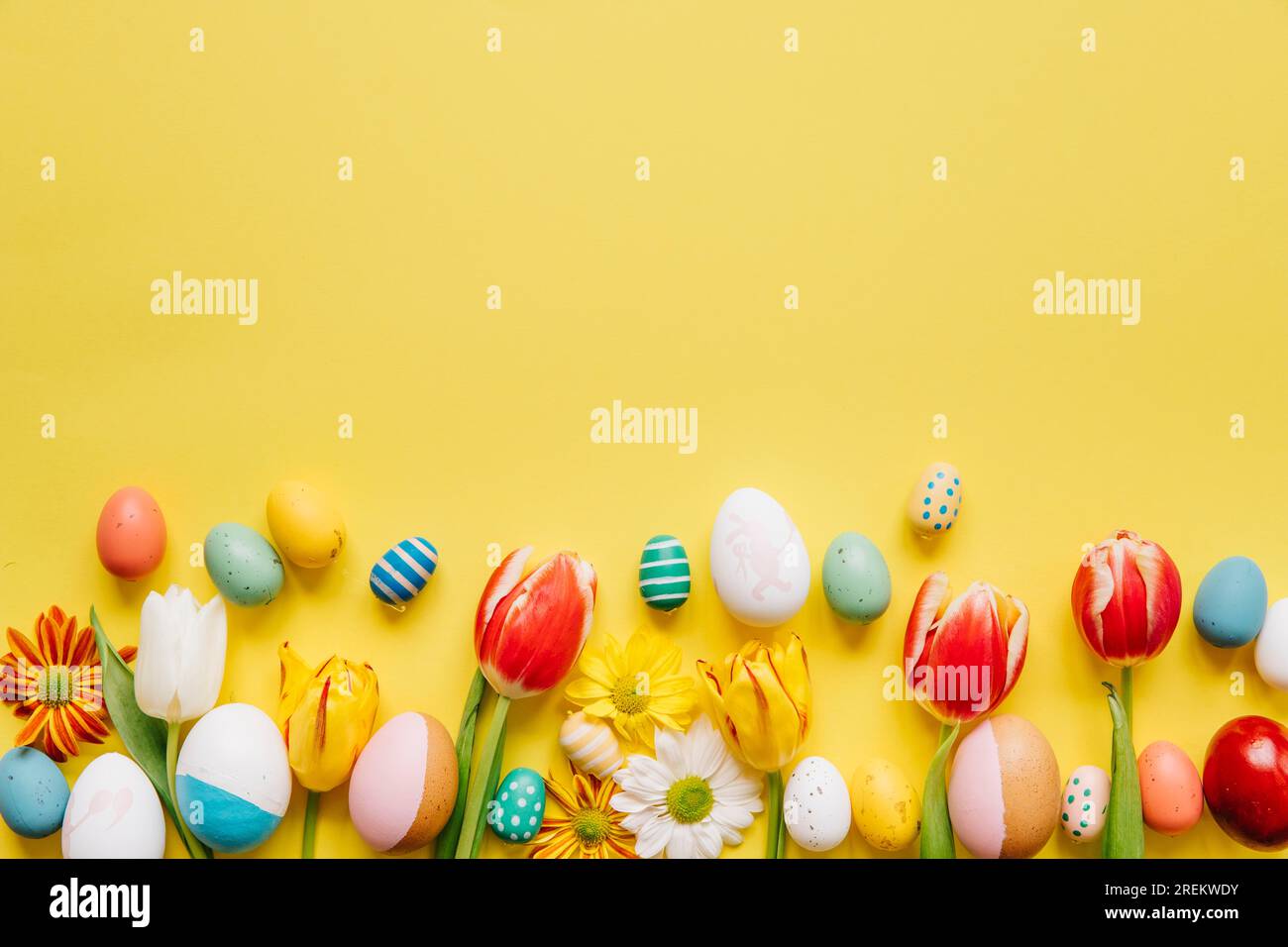 Bunte Eier mit blütengelben Eiern. Schönes Foto Stockfoto