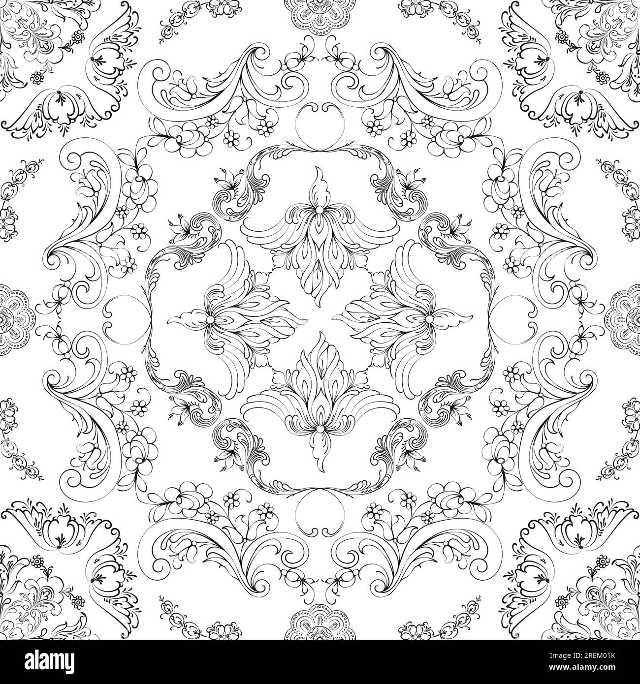 Handgezeichnetes nahtloses Blumenmuster auf weißem Hintergrund, Vektorvorlage aus Textil Stockfoto
