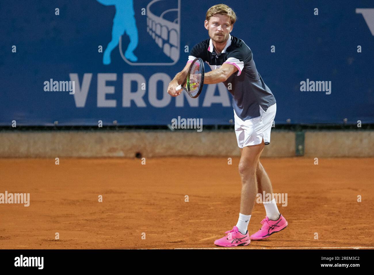 Verona, Italien. 28. Juli 2023. In Aktion während eines Viertelfinals des Internazionali di Verona - ATP Challenger 100 Tennis Turnier am Circolo Tennis Scaligero in Verona am 28. Juli 2023, Verona Italien. Kredit: Live Media Publishing Group/Alamy Live News Stockfoto