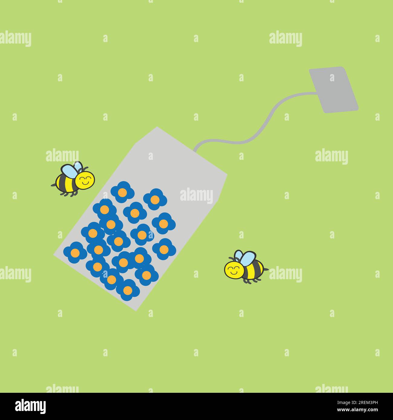 Teebeutel mit blauen Blumen innen und Bienen um ihn herum Stock Vektor