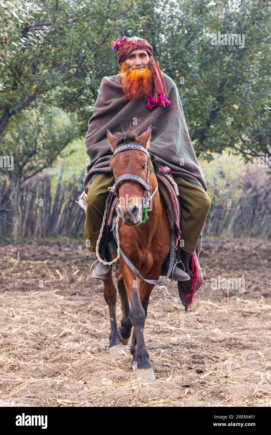 Khansahib Tehsil, Jammu und Kaschmir, Indien. 31. Oktober 2022. Ein Mann mit einem roten Henna gefärbten Bart, der auf einem Pferd in Jammu und Kaschmir reitet. Stockfoto