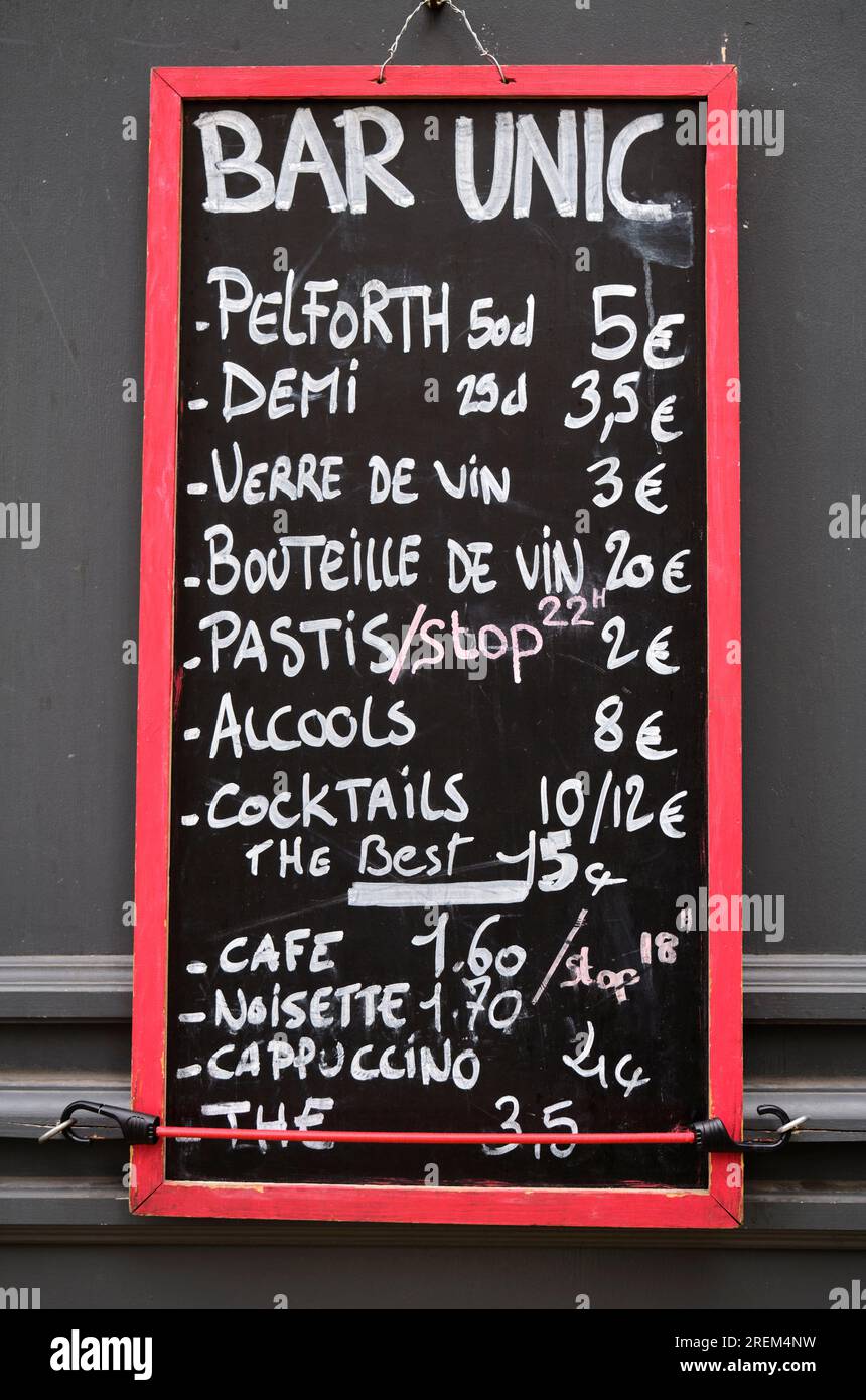 Bar Drinks Menu Board Marseille Frankreich Stockfoto