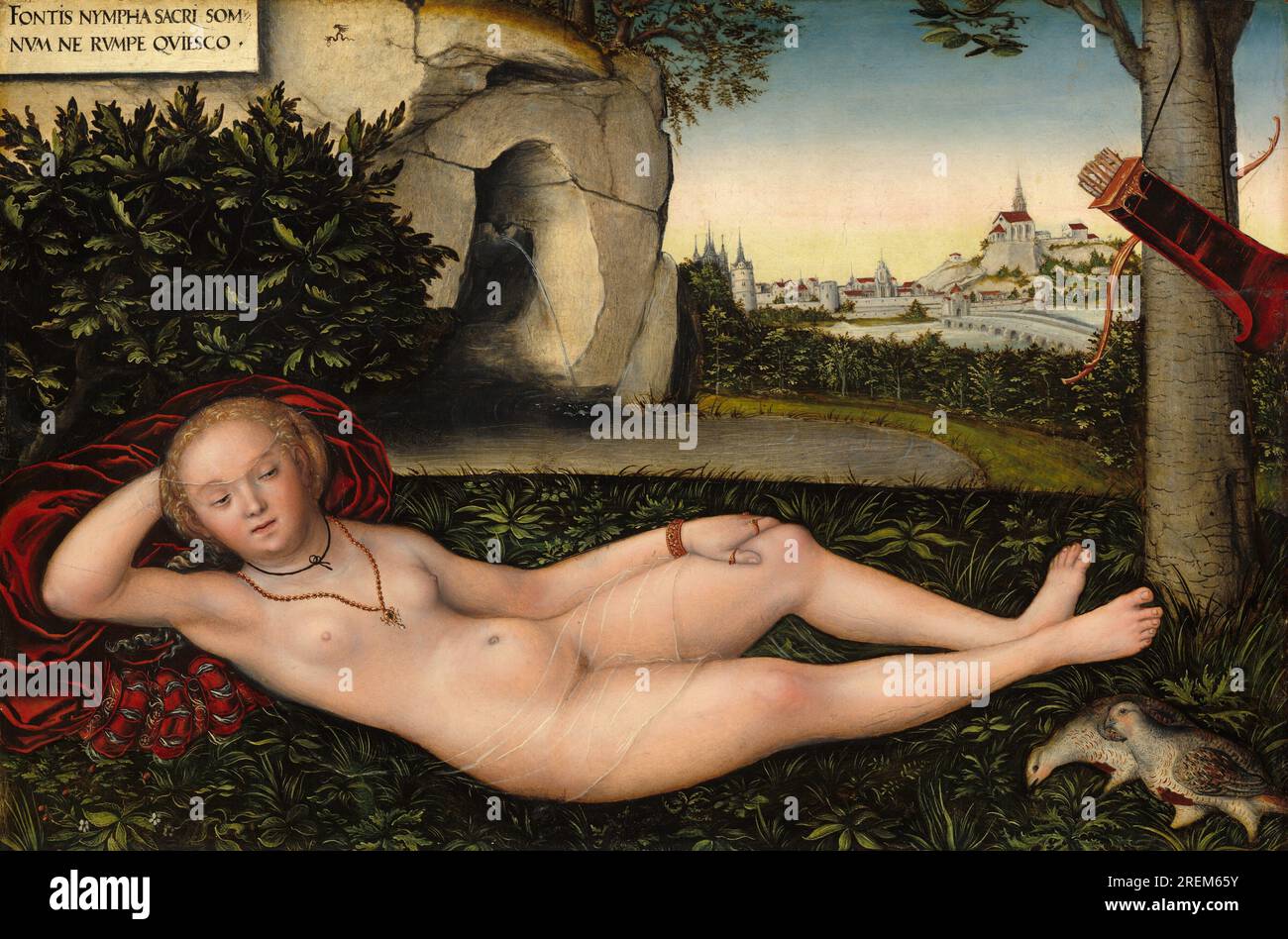Titel: Die Nymphe am Brunnen Künstler: Lucas Cranach der ältere Jahr: Ca. 1530 - 1534 Medium: Öl auf Platte Abmessungen: 75 x 120 cm Ort: Museo Nacional Thyssen-Bornemisza, Madrid Stockfoto