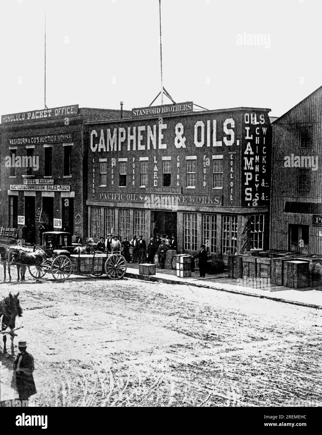 San Francisco, Kalifornien: ca. 1861 die Stanford Brothers Pacific Oil & Camphene arbeitet an der Front Street. Stockfoto