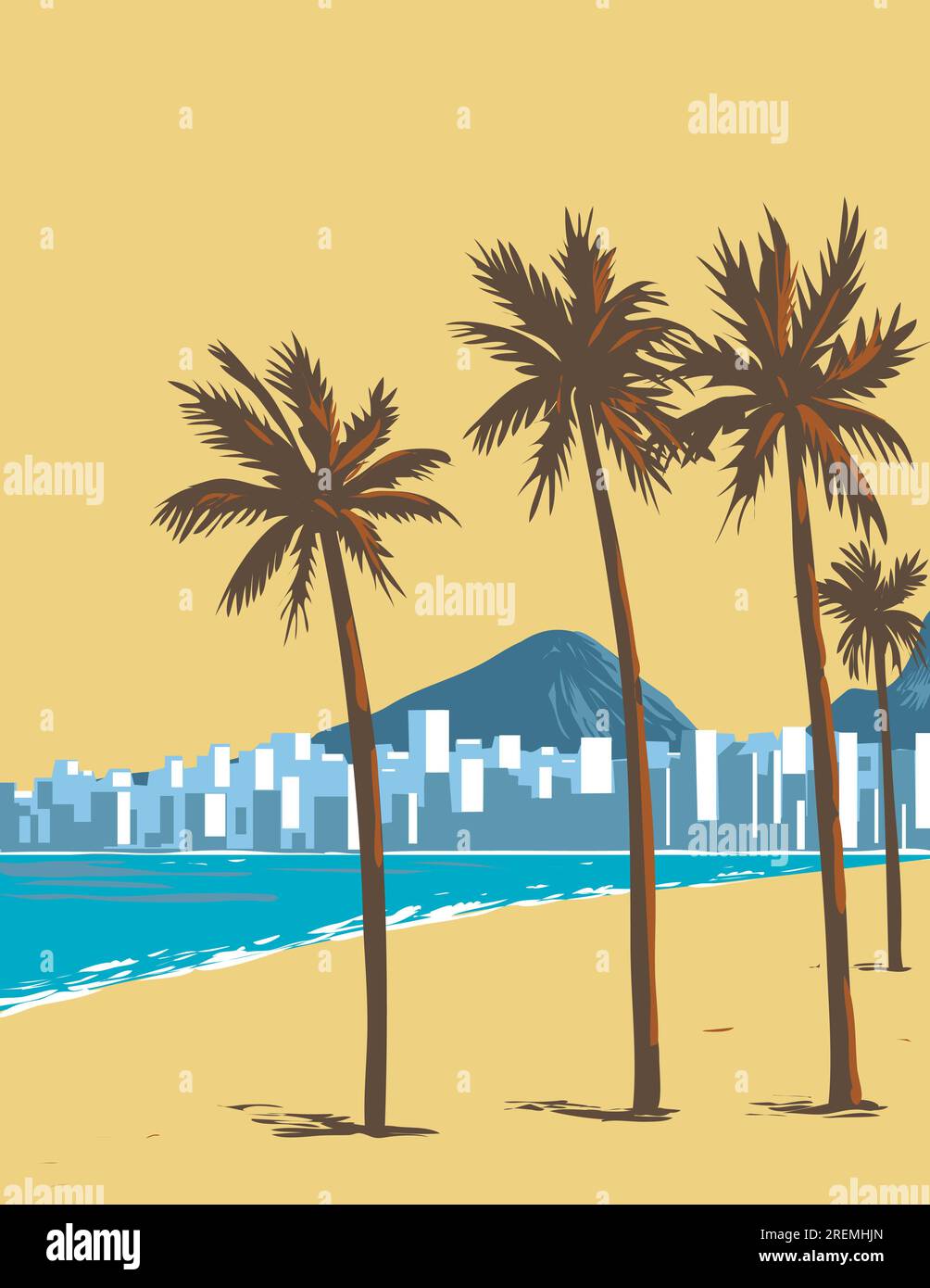 WPA-Posterkunst des Copacabana-Strandes in der Südzone der Stadt Rio de Janeiro in Brasilien in der Projektverwaltung oder im Art déco-Stil. Stockfoto