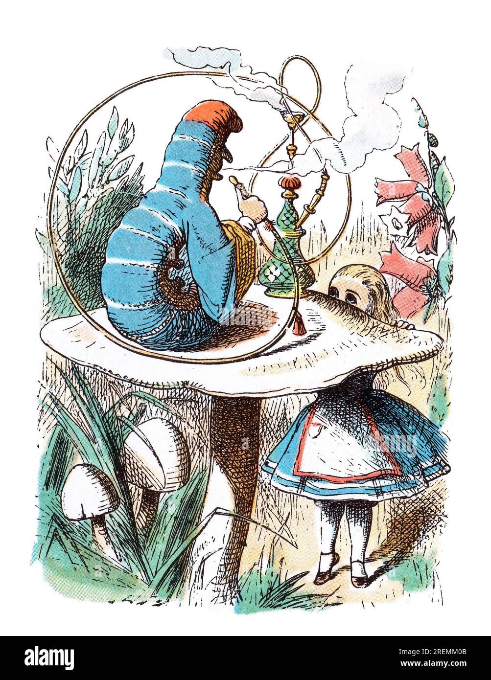 Alice und Caterpillar Alice im Wunderland, farbige Illustration in Tenniel Stockfoto