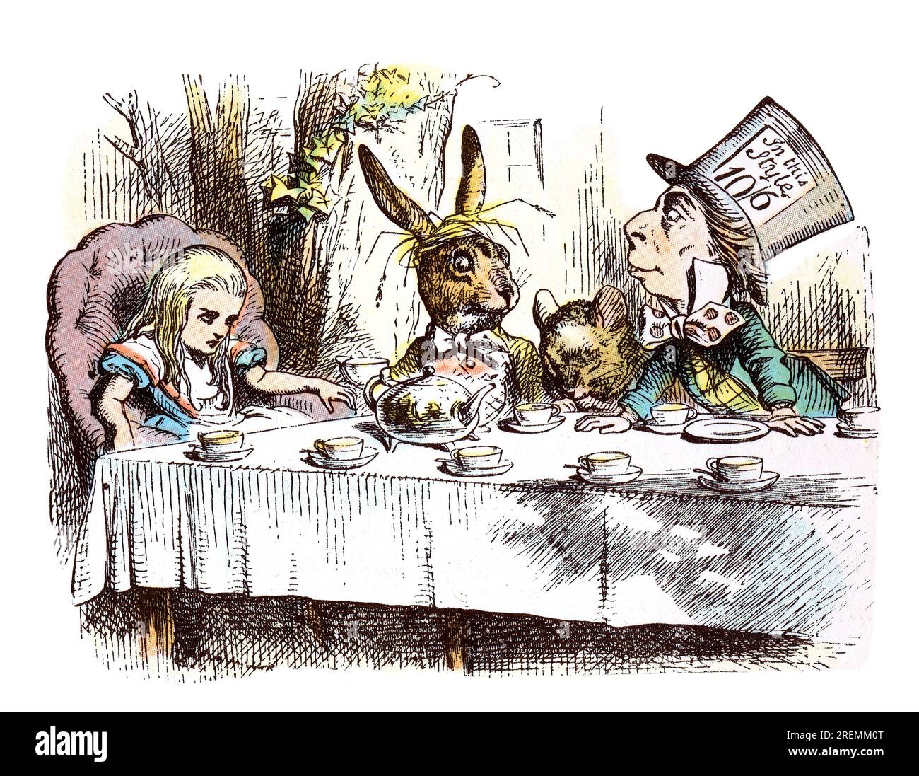 Alice isst mit Mad Hutter und march Hare Alice im Wunderland farbige Tenniel Illustration Stockfoto