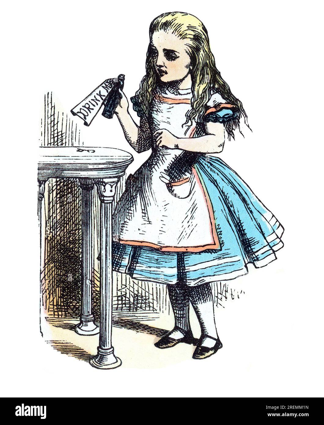 Trink mir Alice im Wunderland, farbige Tenniel-Illustration Stockfoto