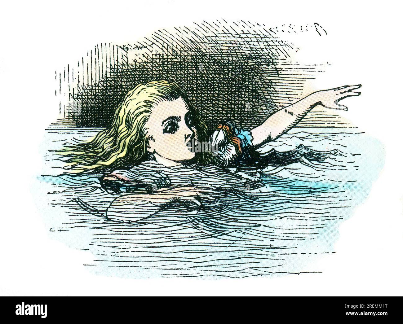 Alice im Tränenbecken Alice im Wunderland farbige Tenniel-Illustration Stockfoto