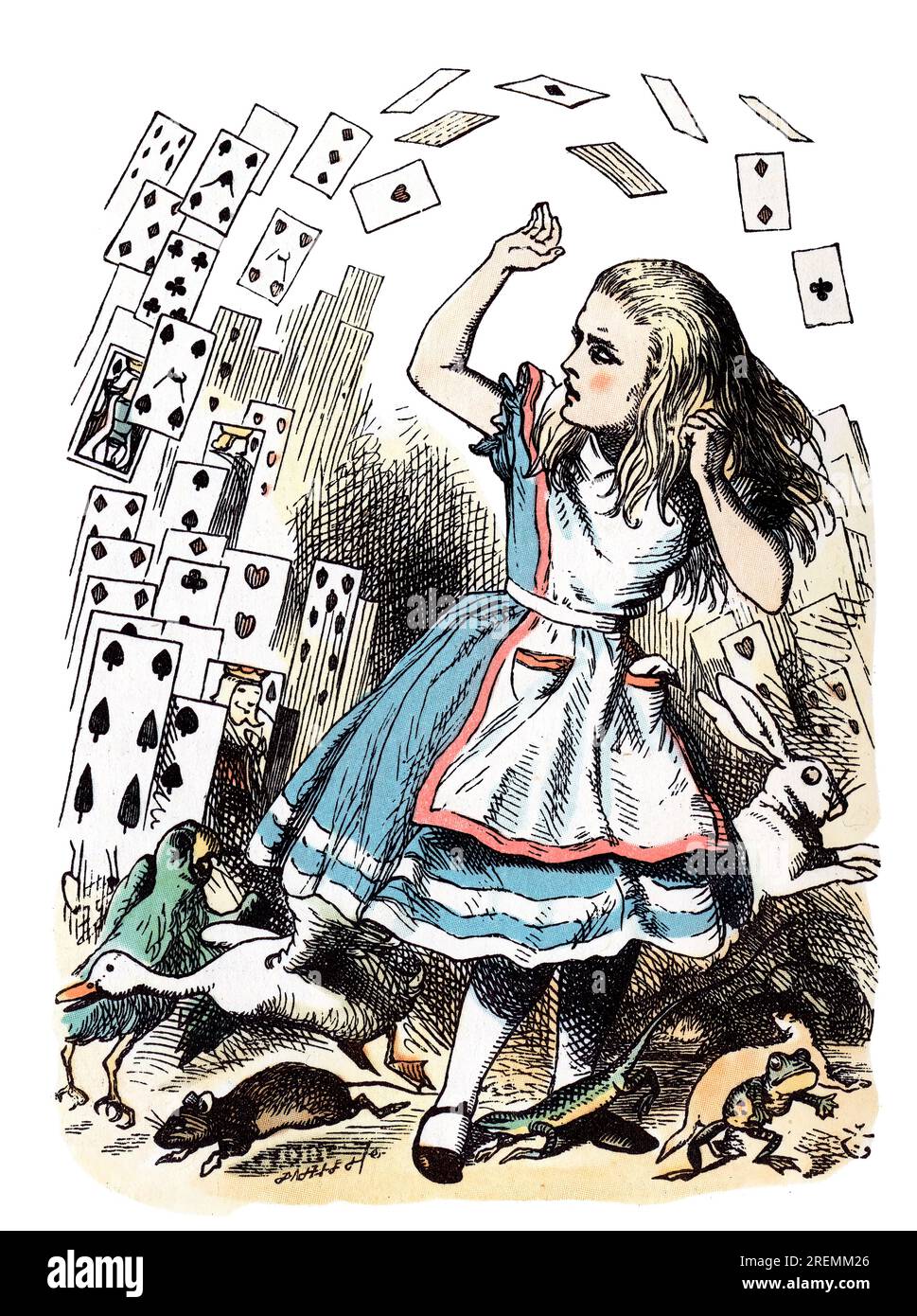 Alice fliegende Karten Alice im Wunderland farbige Illustration Tenniel Stockfoto