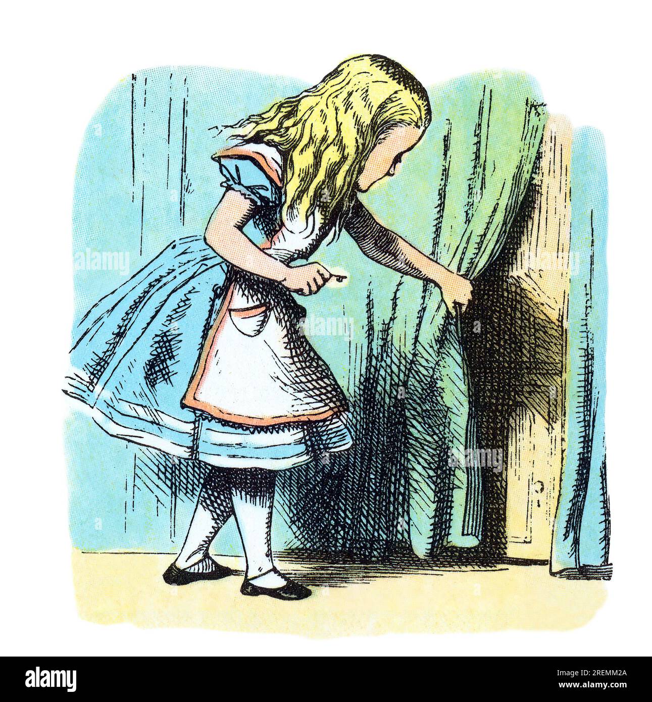 Alice schaut hinter den Vorhang Alice im Wunderland, farbige Illustration von Tenniel Stockfoto