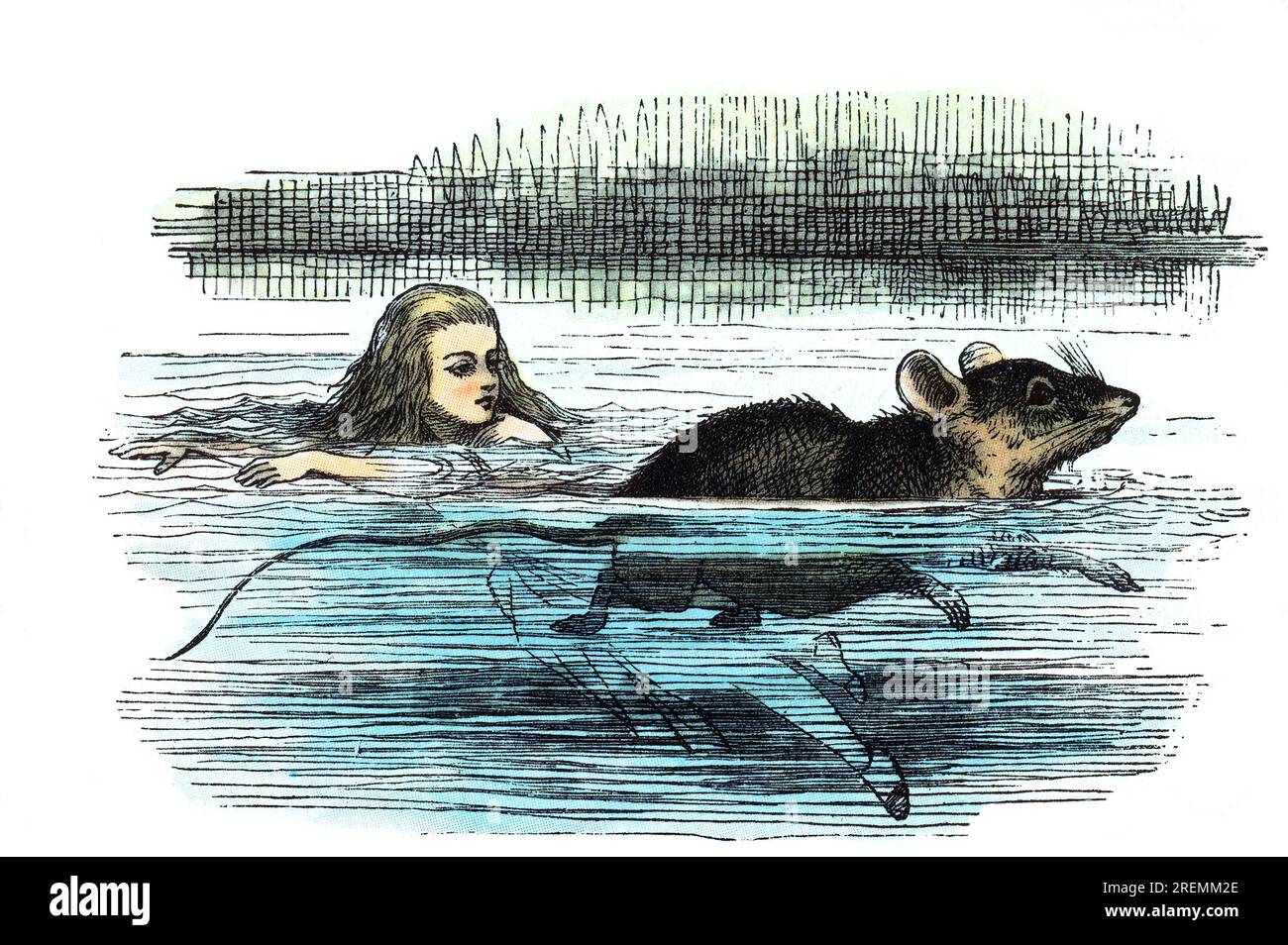 Alice schwimmt mit Maus Alice im Wunderland, farbige Illustration aus Tenniel Stockfoto