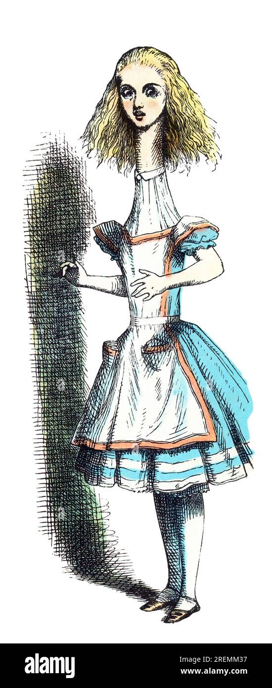 Alice Teleskoping Alice im Wunderland farbige Tenniel-Illustration Stockfoto