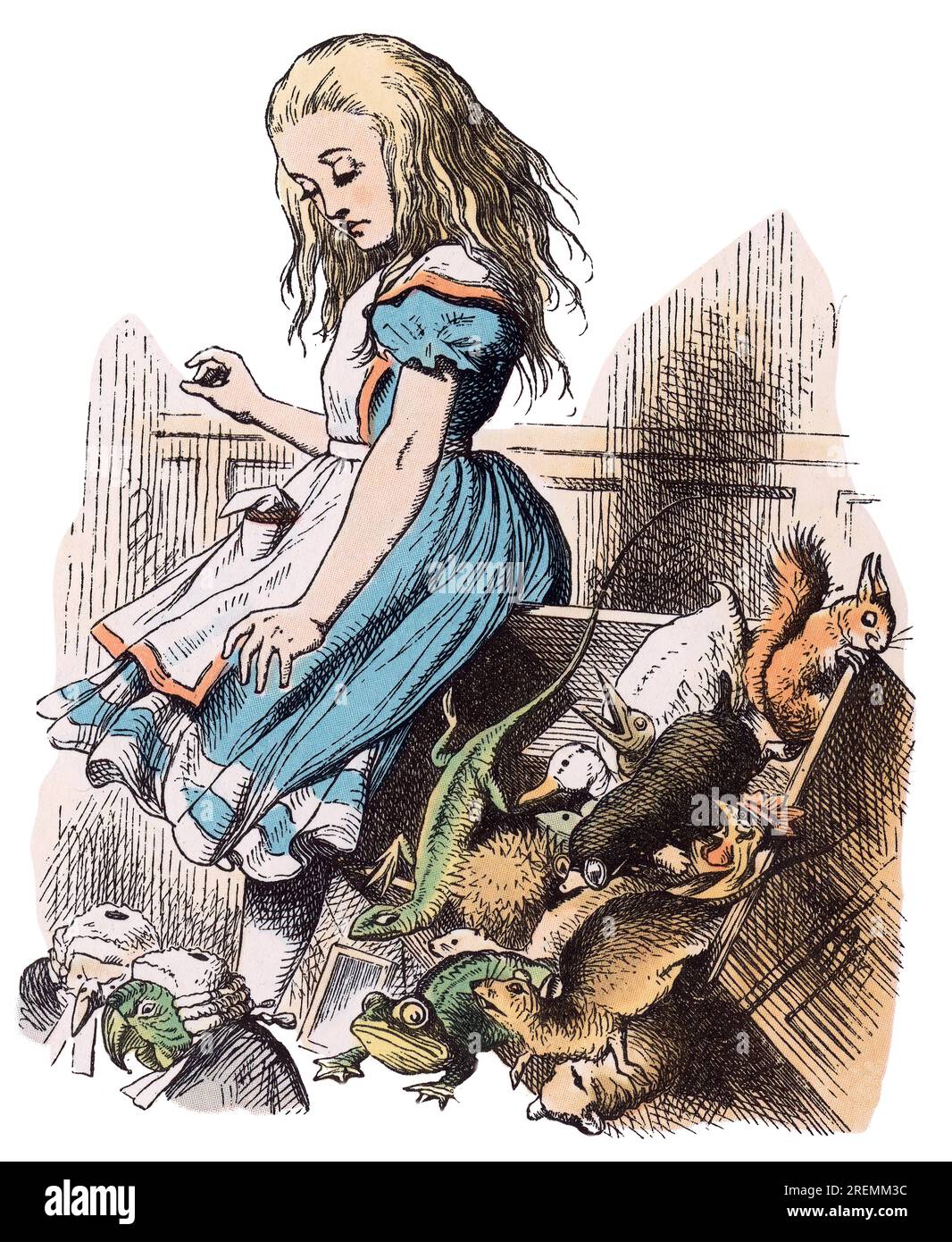 Alice mit Tieren Alice im Wunderland farbige Illustration aus Tenniel Stockfoto