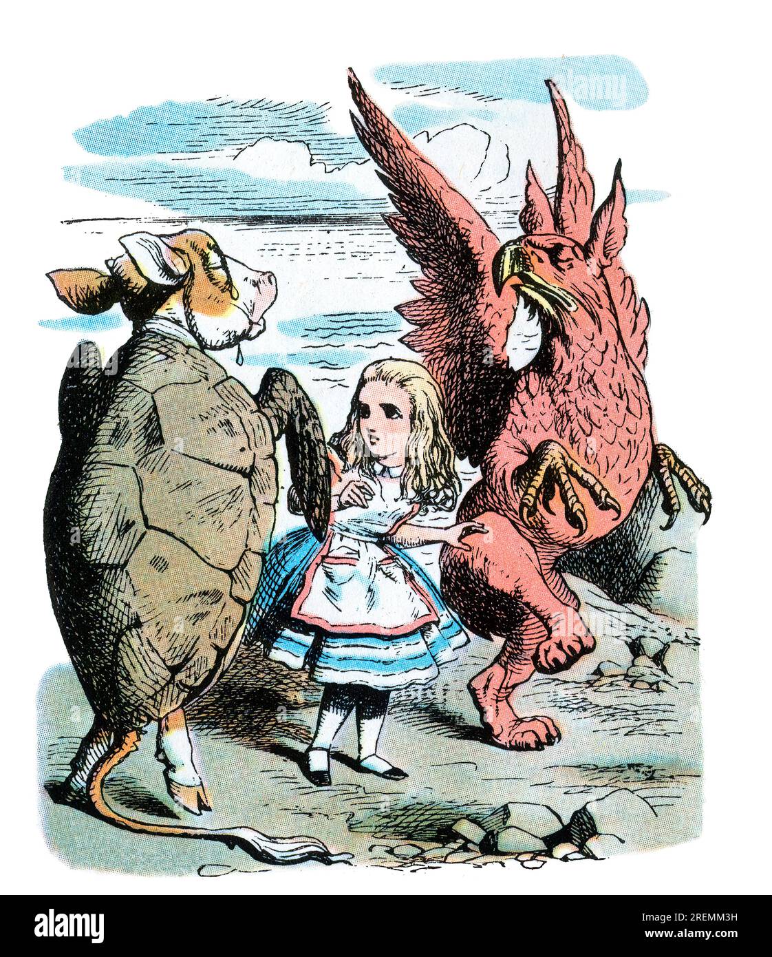 Schauspiel: Turtle Gryphon Alice im Wunderland, farbige Illustration in Tenniel Stockfoto