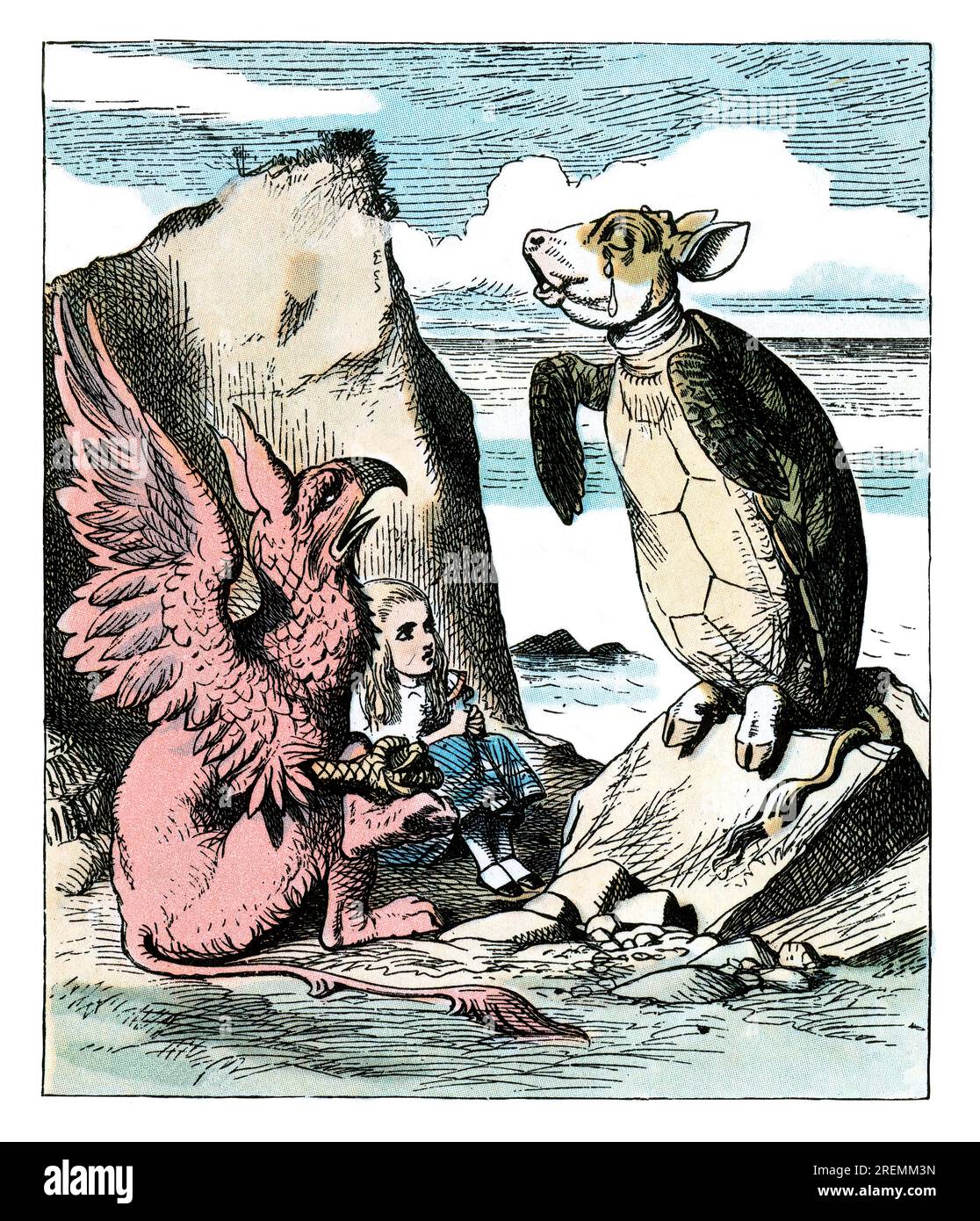Gryphon Mock Turtle Alice im Wunderland, farbige Illustration in Tenniel Stockfoto
