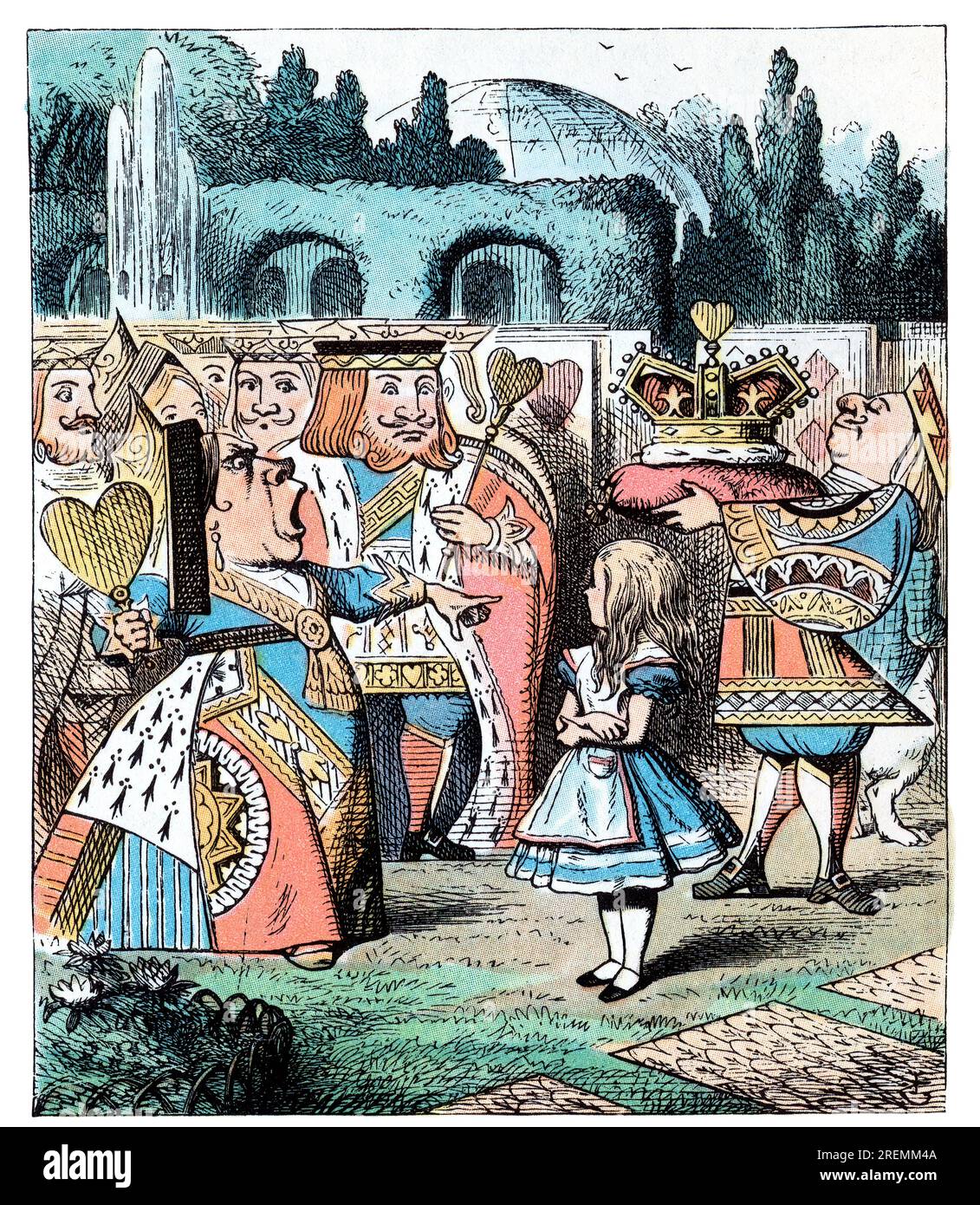 Mit ihren Köpfen, Alice im Wunderland, farbige Tenniel-Illustration Stockfoto