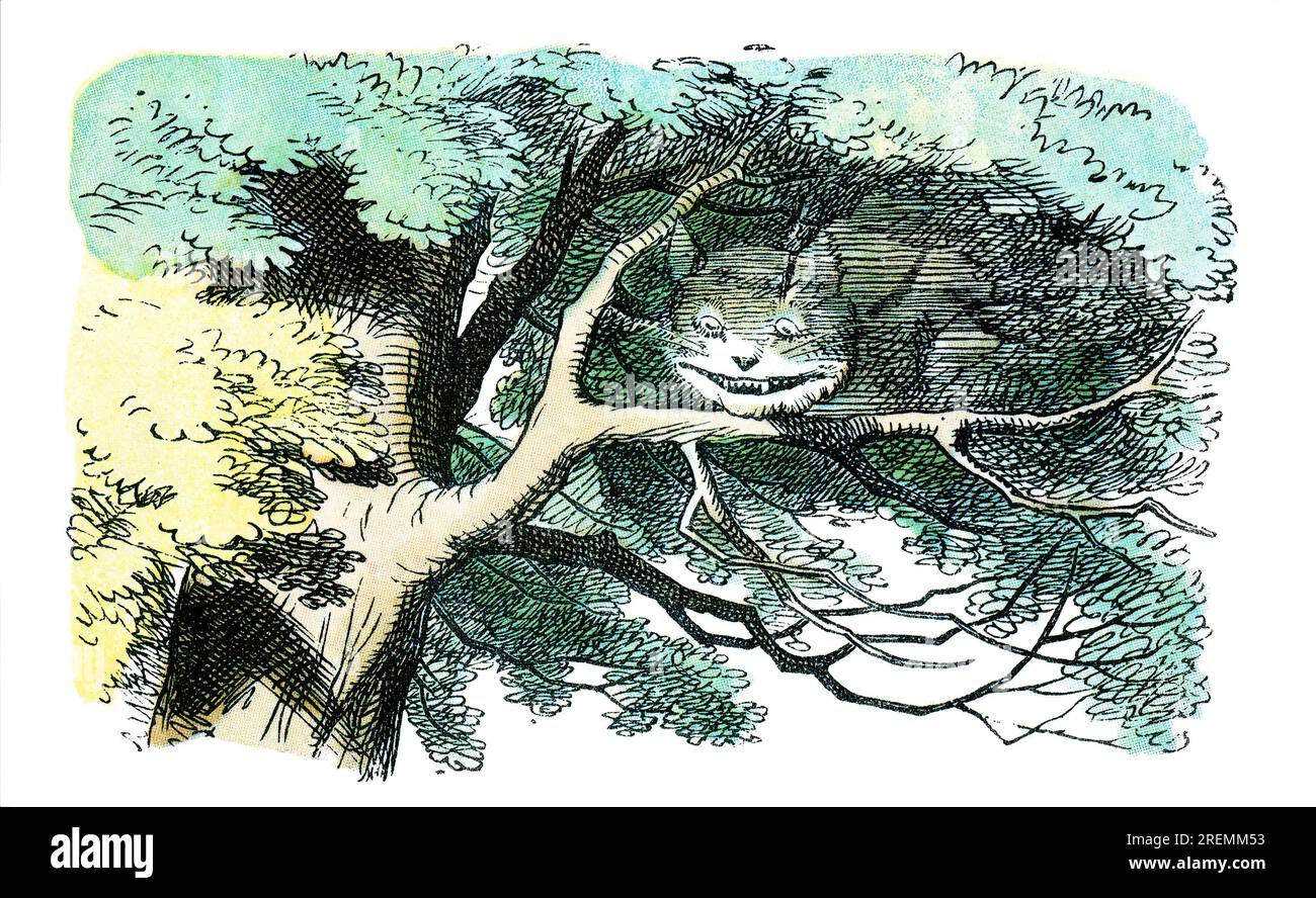 Cheshire Cat Alice im Wunderland farbige Illustration aus Tenniel Stockfoto