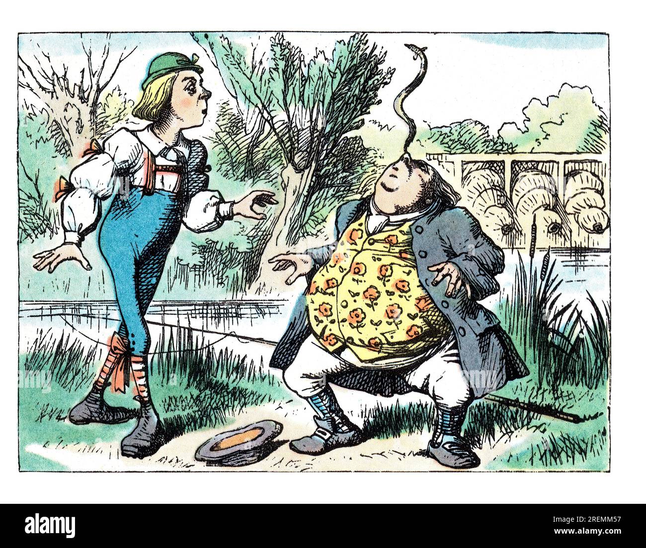 Jugend und Vater william balancieren etwas auf der Nase, Alice im Wunderland, farbige Tenniel-Illustration Stockfoto