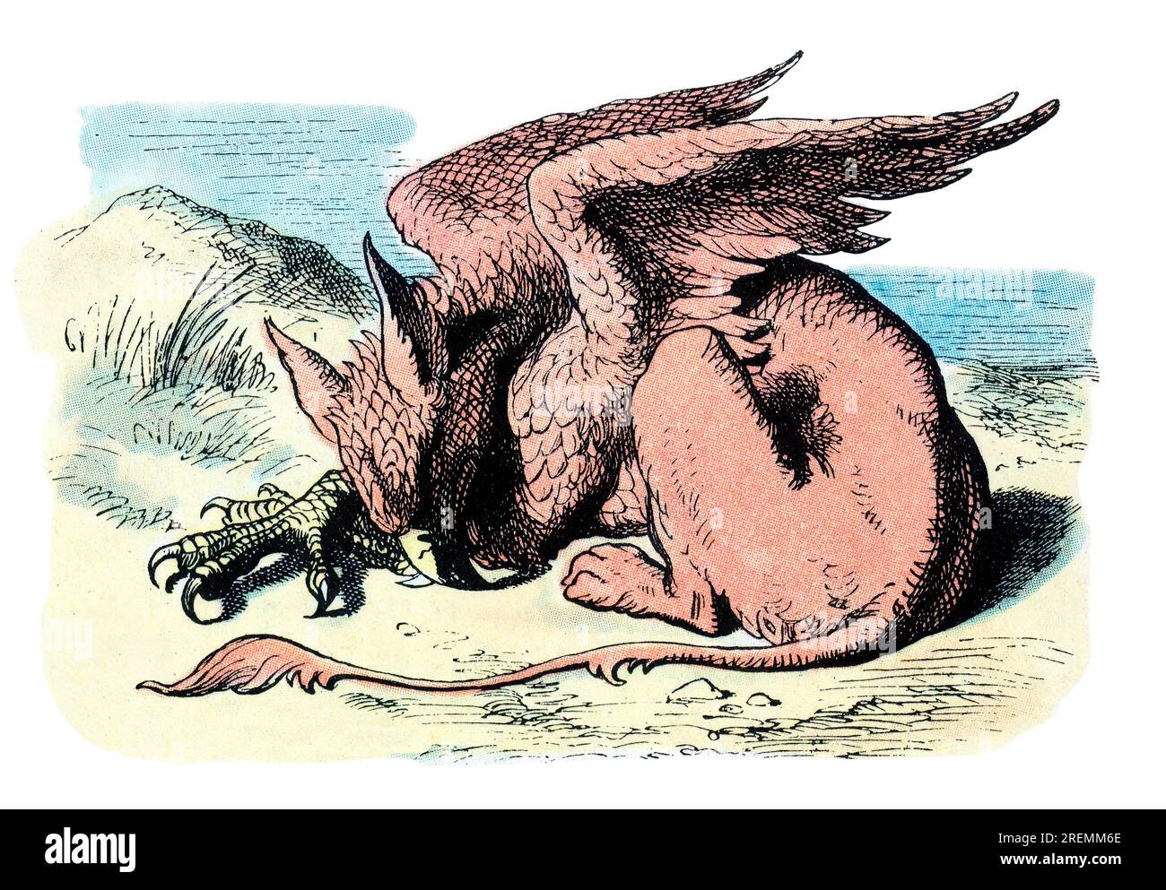 Gryphon Alice im Wunderland, farbige Illustration aus Tenniel Stockfoto