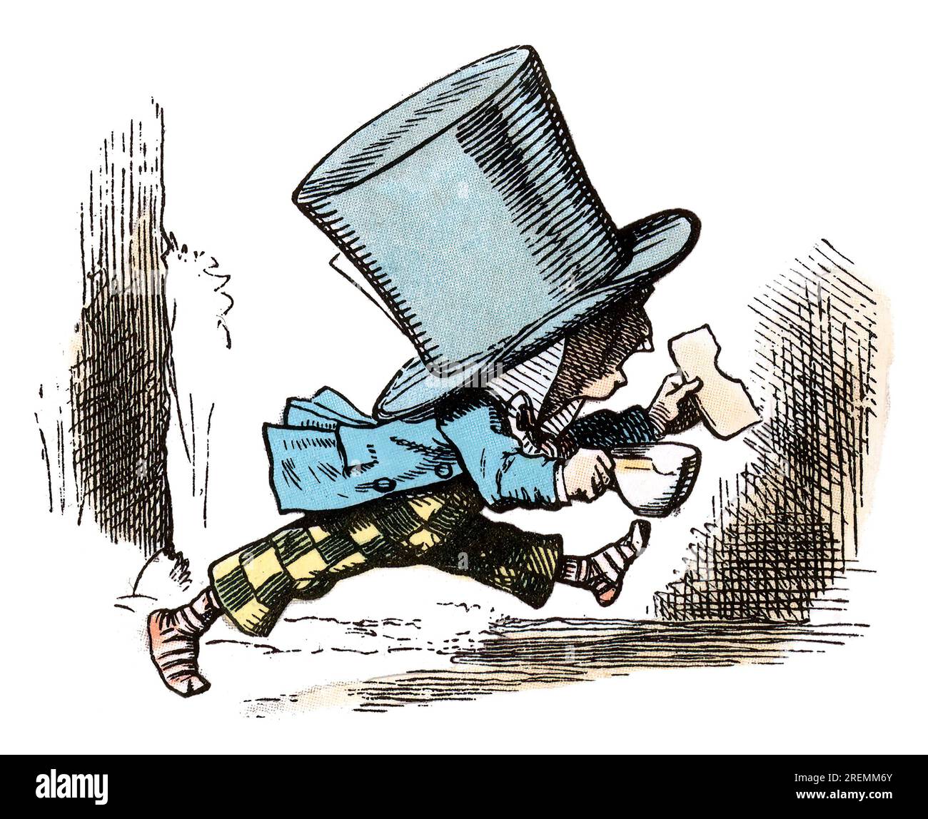 Verrückter Hatter, der Alice im Wunderland führt, farbige Illustration aus Tenniel Stockfoto