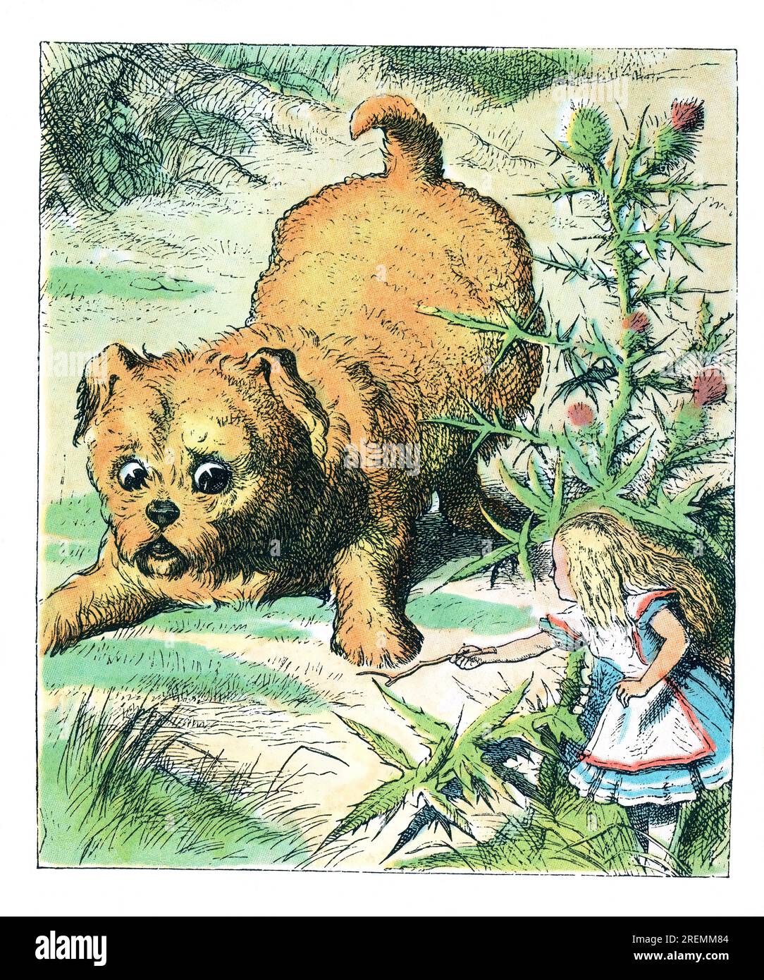 Alice und Hündchen Alice im Wunderland farbige Illustration aus Tenniel Stockfoto