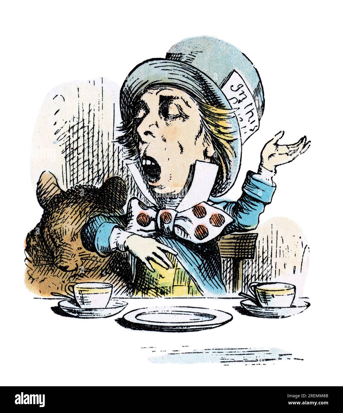 Verrückte Hutmacherin Alice im Wunderland, farbige Illustration aus Tenniel Stockfoto
