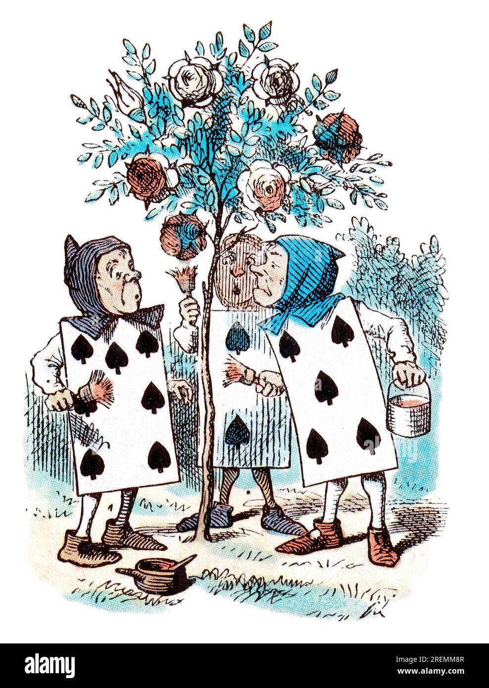 Two Five und Seven Alice im Wunderland, farbige Illustration aus Tenniel Stockfoto