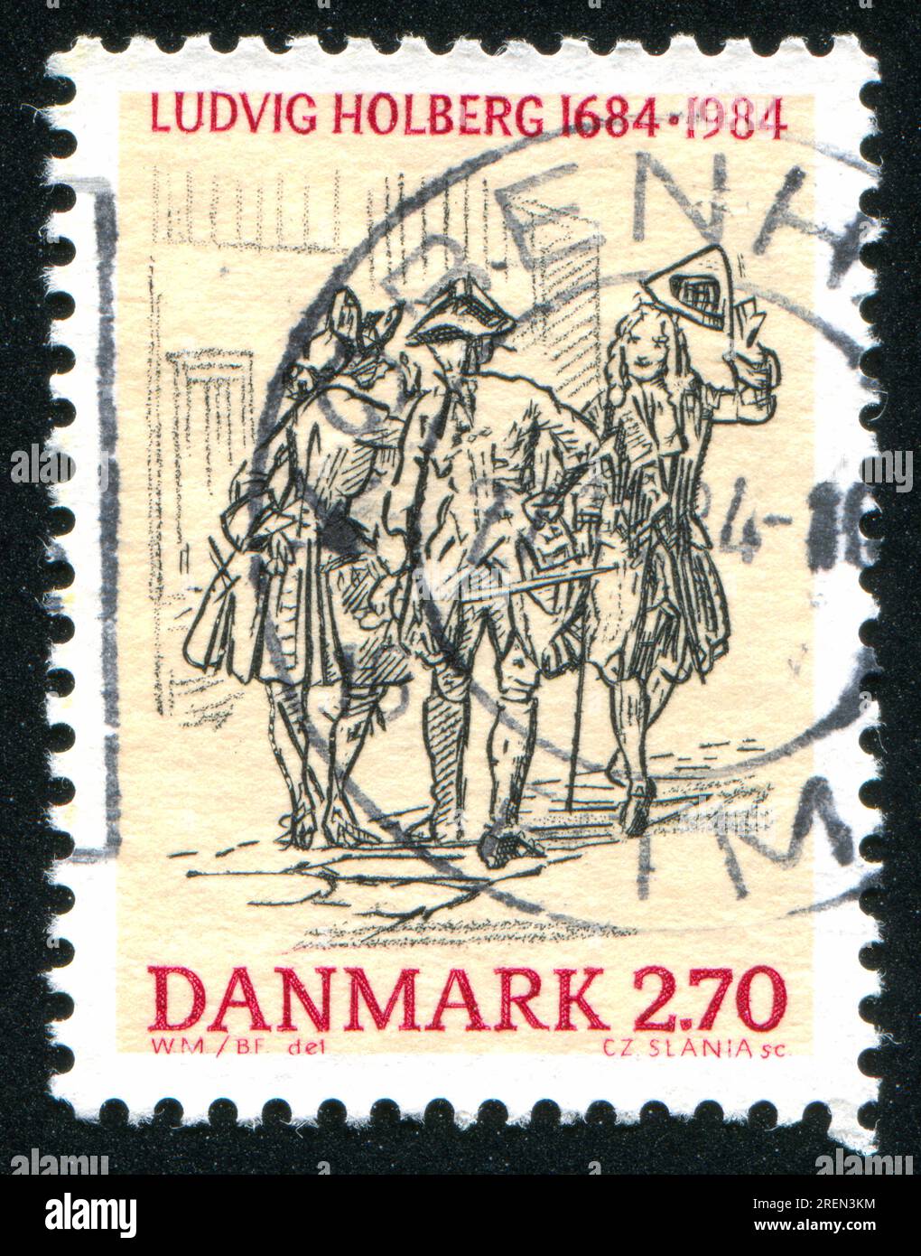 DÄNEMARK - CA. 1984: Briefmarke gedruckt von Dänemark, zeigt Holberg trifft sich mit einem Offizier, Wilhelm Marstrand, ca. 1984 Stockfoto