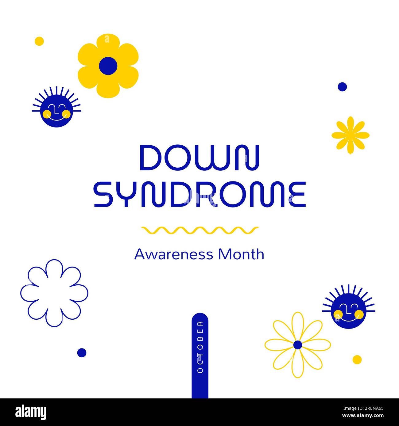 Illustration von oktober, Down-Syndrom Bewusstsein Monat Text mit Blumen, Punkten, Emoji Stockfoto