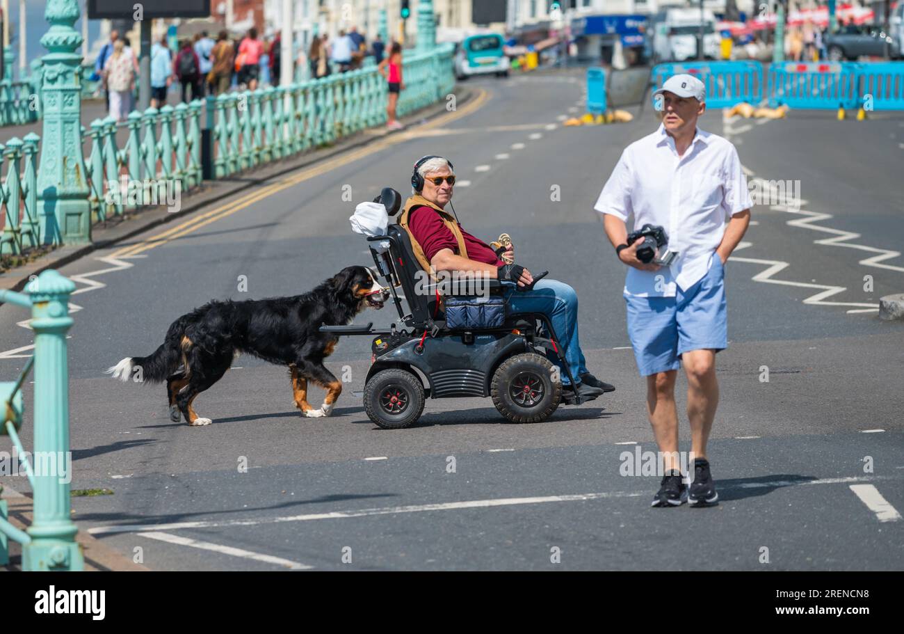 Mann in einem elektrischen Mobilitätsroller mit einem Hund an einem Bleistift, überquert eine Straße in England, Großbritannien. Stockfoto