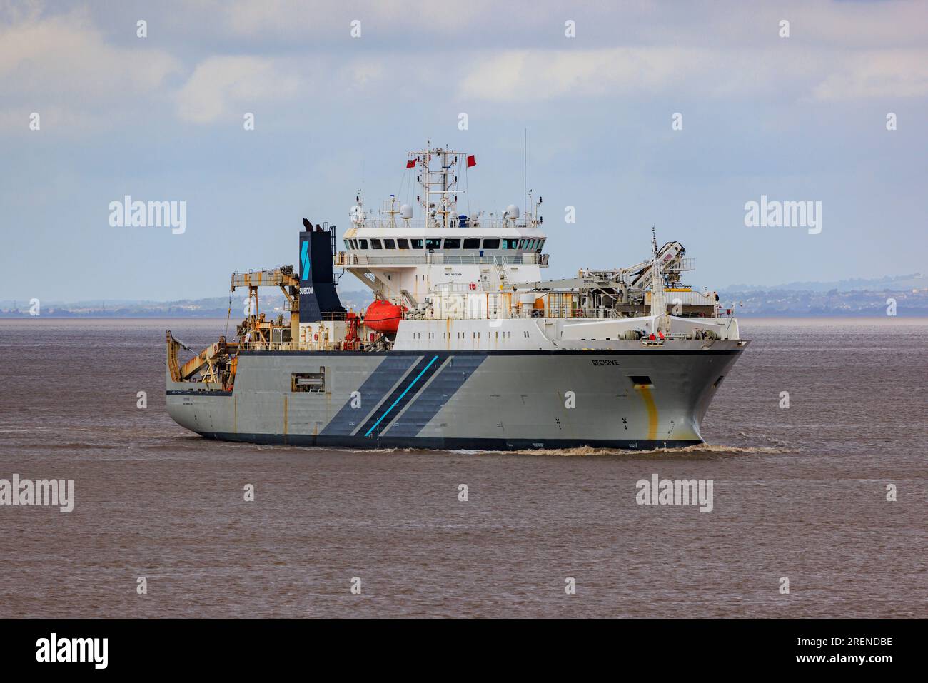 Kabelverlegungsschiff, das auf dem Weg zu den Docks von Avonmouth ist Stockfoto