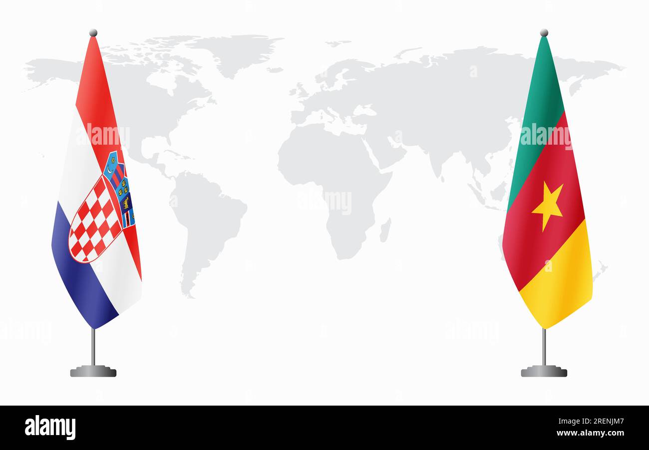 Kroatien und Kamerun Flaggen für offizielles Treffen vor dem Hintergrund der Weltkarte. Stock Vektor