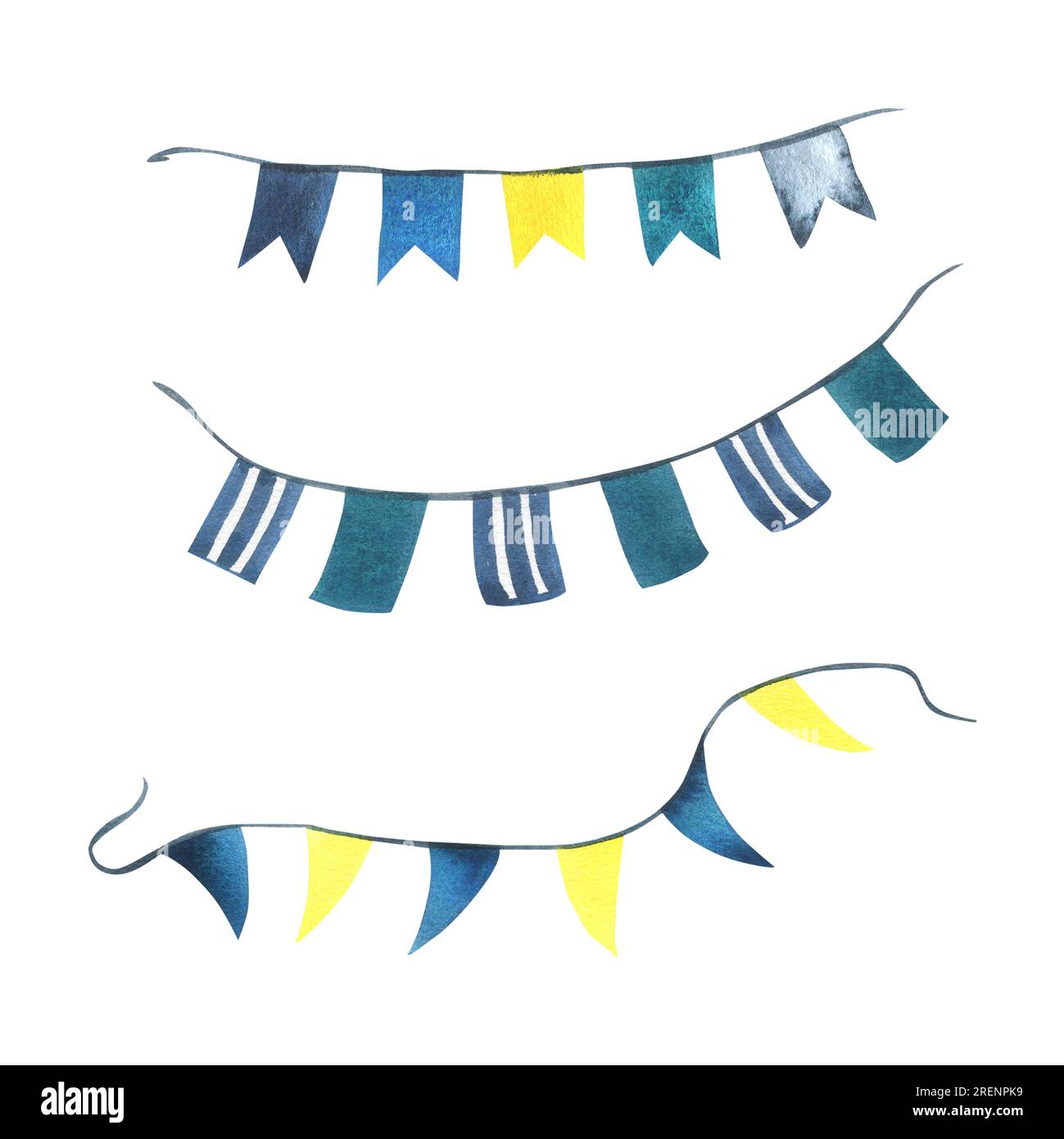 Girlanden mit blauen, türkisfarbenen, gelben, gestreiften, dreieckigen Flaggen, Rechteckig. Aquarelle Abbildung handgezeichnet im Kinderstil. Gruppe von isolierten Stockfoto