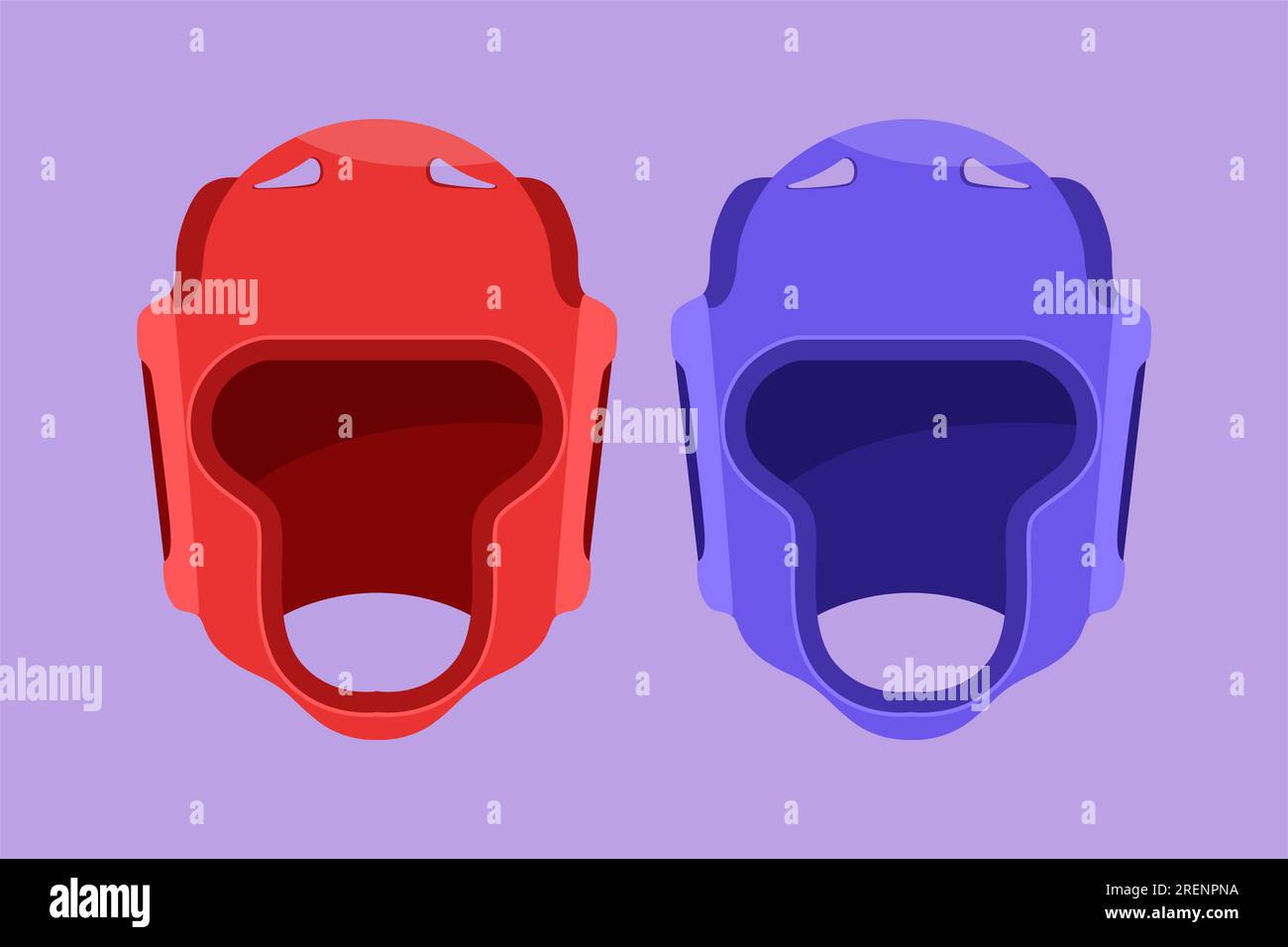 Flacher Boxhelm mit Figur, Vorderansicht Logo, Etikett, Symbol. Rot-blaue Schutzkappe. Boxer Trainingsausrüstung. Uniform, Mann Stockfoto