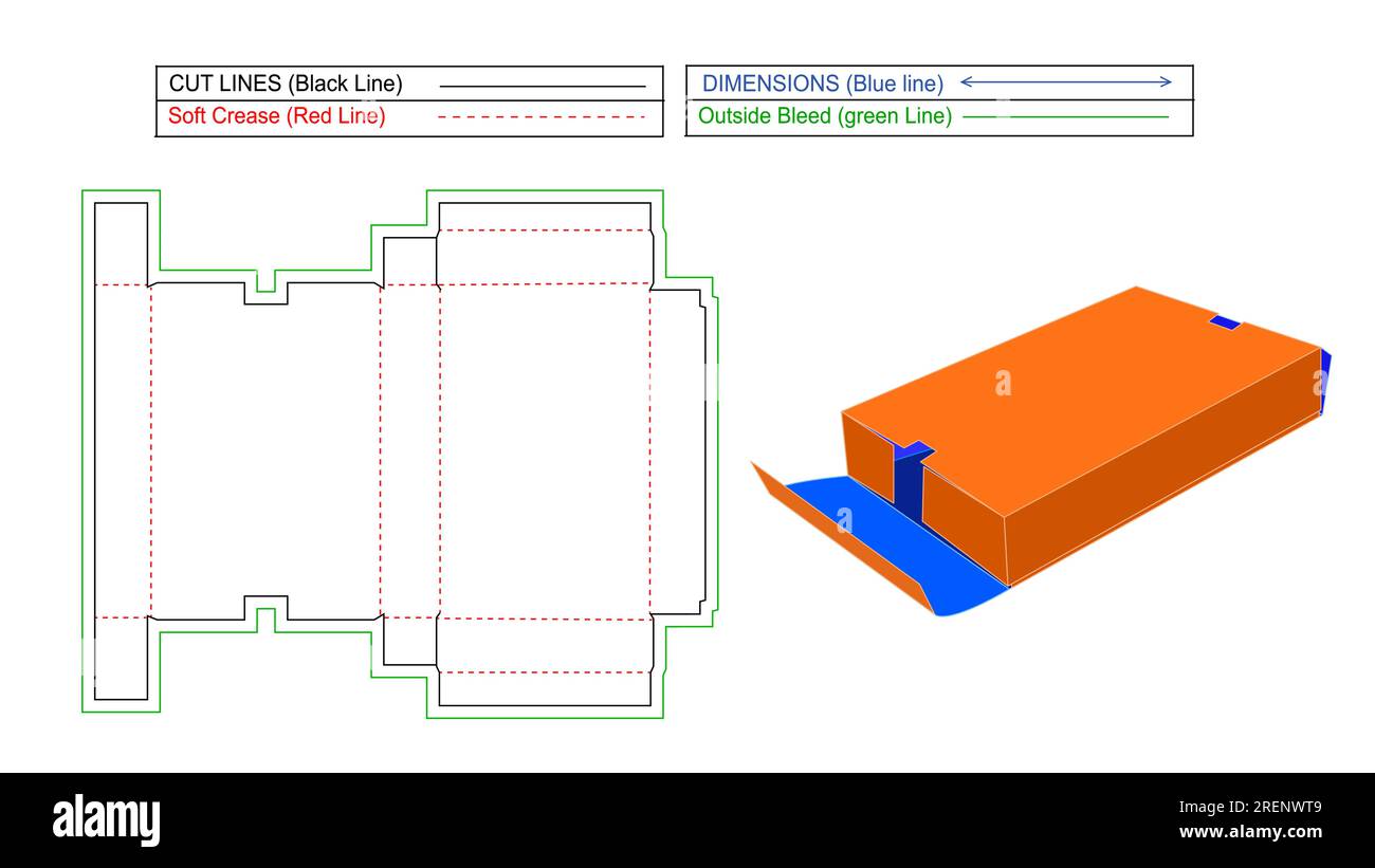 Bearbeitbarer und skalierbarer Wellpappe-Versandkarton und Karton, Matrizenschablone und 3D-Rendering Stock Vektor