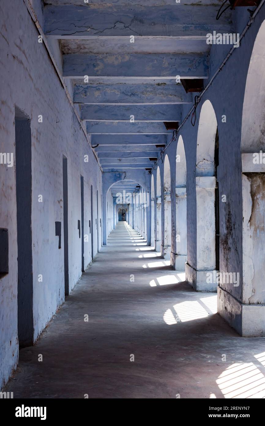 Cellular Jail, auch bekannt als Kala Pani. Überfahrt im kolonialen Gefängnis in der Nähe von Port Blair auf den Andaman Islands, Indien. Stockfoto