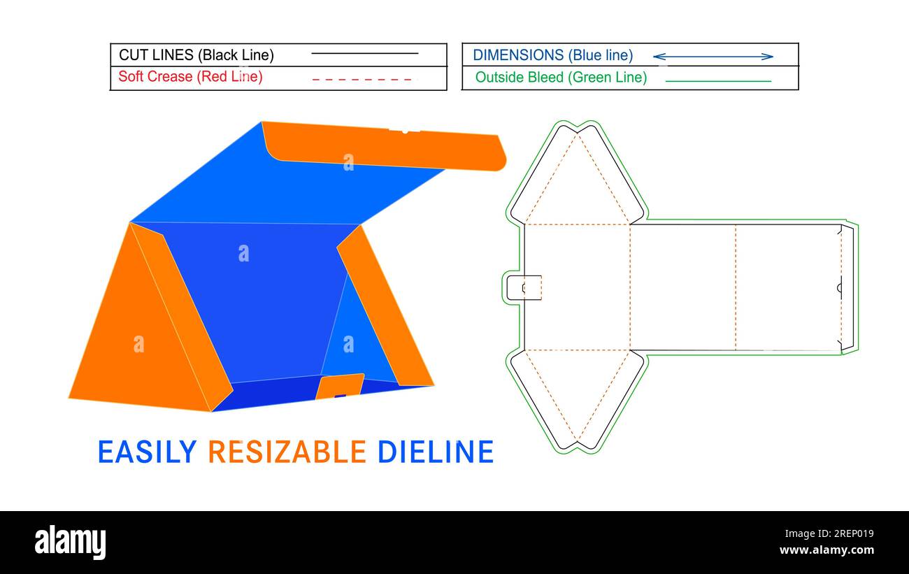 Dreieckige Box, die eine Dieline-Vorlage und eine 3D-Rendering-Vektordatei enthält, die skalierbar und bearbeitbar ist Stock Vektor