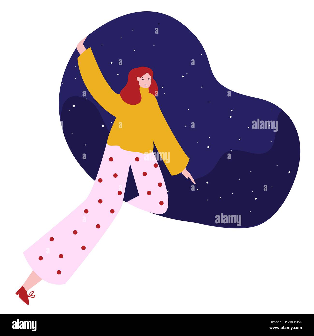 Ein junges Mädchen trägt Schlafanzüge und funkelnder Himmel, funkelnder Glanz, Sternengalaxie, Astrologie in der Nähe Stock Vektor