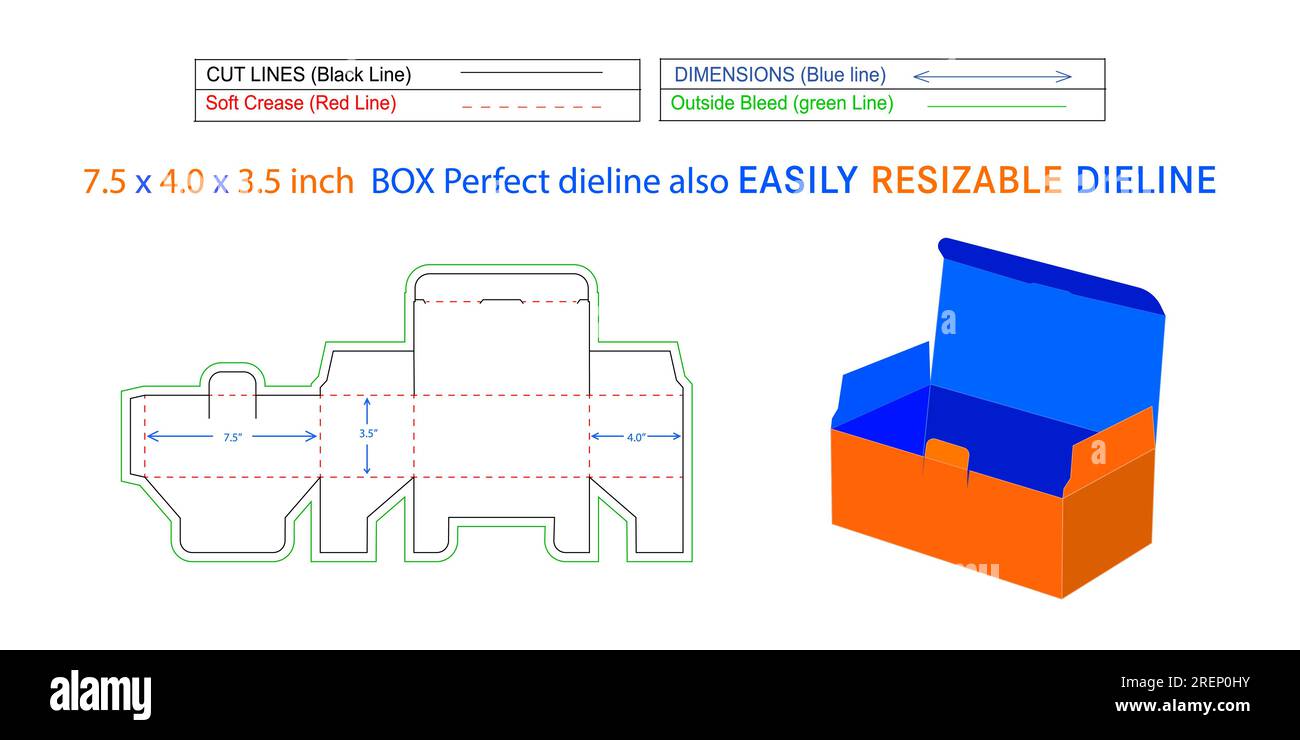 Maskenrahmen Dieline und 3D-Box Vektordatei 7,5 x 4,0 x 3,5 Zoll Box Dieline kann ebenfalls skaliert und bearbeitet werden Stock Vektor